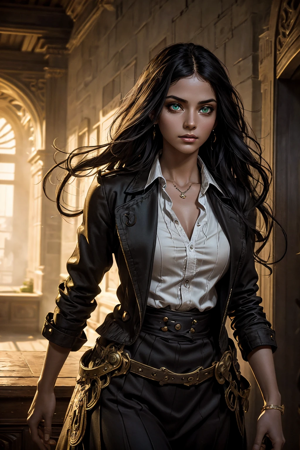 A stunning South-Indian woman, olive-skinned woman, Indian beauty, with bright green eyes, standing in swirling black smoke, with dark brown-black long wavy hair, mesmerizing features with a scary expression, finely detailed eyes, angry mood masterpiece, top quality, best quality, official art, beautiful and aesthetic:1.2), (1girl), extreme detailed,(fractal art:1.3), colorful, highest detailed, (masterpiece, best quality:1.3) professional digital painting, Unreal Engine 5. Wearing a black-buttoned-up military-trench coat. Scary void dripping from body and face black magic swirling around. Black smoke swirled around her. Purple-tinted background. In a 1920 setting, at a farm, wearing 1930 style clothing, , masterpiece, top quality, best quality, official art, beautiful and aesthetic:1.2), (1girl), extreme detailed,(fractal art:1.3), yellow, orange, pink, purple, highest detailed, (masterpiece, best quality:1.3) 1 green-eyed woman, professional digital painting, Unreal Engine 5. Wearing linen blouse, Wearing long skirt, Long hair, hopeful expression, finely detailed eyes, smiling, epic scene, epic composition, Cinematic Lighting, Volumetric Lighting, ethereal light, intricate details, extremely detailed volumetric rays. Green Eyes. [Beautiful girl, linen shirt and pants, oil painting, Detailed facial features, Sunlight, bright colors, dramatic lighting, expressive eyes and lips, High Resolution]
