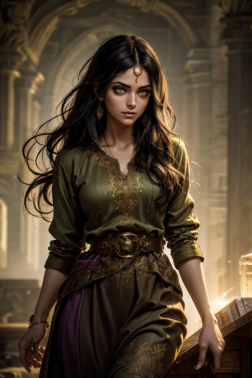 A stunning South-Indian woman, olive-skinned woman, Indian beauty, with bright green eyes, standing in swirling black smoke, with dark brown-black long wavy hair, mesmerizing features with a scary expression, finely detailed eyes, angry mood masterpiece, top quality, best quality, official art, beautiful and aesthetic:1.2), (1girl), extreme detailed,(fractal art:1.3), colorful, highest detailed, (masterpiece, best quality:1.3) professional digital painting, Unreal Engine 5. Wearing a black-buttoned-up military-trench coat. Scary void dripping from body and face black magic swirling around. Black smoke swirled around her. Purple-tinted background. In a 1920 setting, at a farm, wearing 1930 style clothing, , masterpiece, top quality, best quality, official art, beautiful and aesthetic:1.2), (1girl), extreme detailed,(fractal art:1.3), yellow, orange, pink, purple, highest detailed, (masterpiece, best quality:1.3) 1 green-eyed woman, professional digital painting, Unreal Engine 5. Wearing linen blouse, Wearing long skirt, Long hair, hopeful expression, finely detailed eyes, smiling, epic scene, epic composition, Cinematic Lighting, Volumetric Lighting, ethereal light, intricate details, extremely detailed volumetric rays. Green Eyes. [Beautiful girl, linen shirt and pants, oil painting, Detailed facial features, Sunlight, bright colors, dramatic lighting, expressive eyes and lips, High Resolution]

