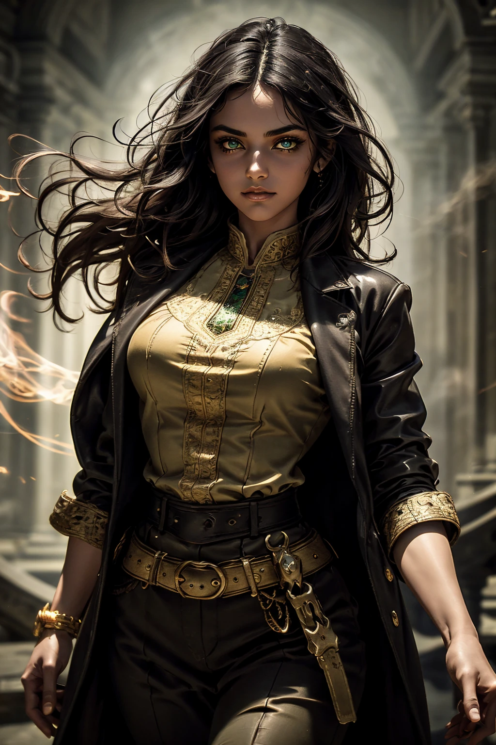 A stunning South-Indian woman, olive-skinned woman, Indian beauty, with bright green eyes, standing in swirling black smoke, with dark brown-black long wavy hair, mesmerizing features with a scary expression, finely detailed eyes, angry mood masterpiece, top quality, best quality, official art, beautiful and aesthetic:1.2), (1girl), extreme detailed,(fractal art:1.3), colorful, highest detailed, (masterpiece, best quality:1.3) professional digital painting, Unreal Engine 5. Wearing a black-buttoned-up military-trench coat. Scary void dripping from body and face black magic swirling around. Black smoke swirled around her. Purple-tinted background. In a 1920 setting, at a farm, wearing 1930 style clothing, , masterpiece, top quality, best quality, official art, beautiful and aesthetic:1.2), (1girl), extreme detailed,(fractal art:1.3), blue, gray, white, purple, teal, blue-green, highest detailed, (masterpiece, best quality:1.3) 1 green-eyed woman, professional digital painting, Unreal Engine 5. Wearing embroidered linen blouse, Wearing long pleated skirt, Long hair, hopeful expression, finely detailed eyes, smiling, epic scene, epic composition, Cinematic Lighting, Volumetric Lighting, ethereal light, intricate details, extremely detailed volumetric rays. Green Eyes. [Beautiful girl, linen shirt and pants, oil painting, Detailed facial features, Sunlight, bright colors, dramatic lighting, expressive eyes and lips, High Resolution]
