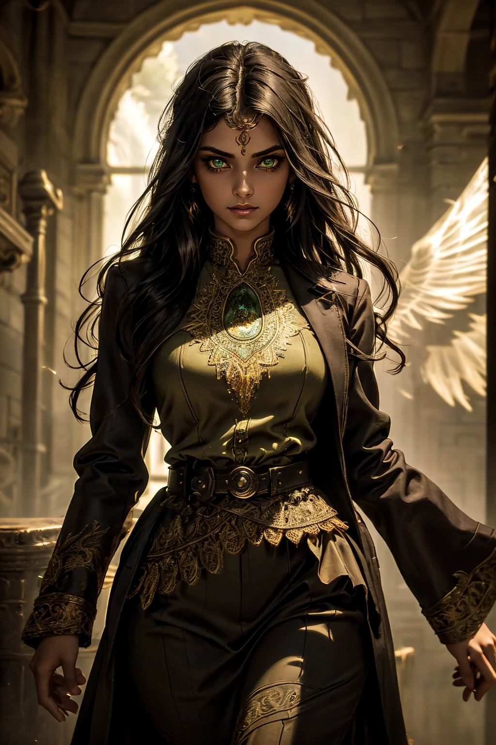 A stunning South-Indian woman, olive-skinned woman, Indian beauty, with bright green eyes, standing in swirling black smoke, with dark brown-black long wavy hair, mesmerizing features with a scary expression, finely detailed eyes, angry mood masterpiece, top quality, best quality, official art, beautiful and aesthetic:1.2), (1girl), extreme detailed,(fractal art:1.3), colorful, highest detailed, (masterpiece, best quality:1.3) professional digital painting, Unreal Engine 5. Wearing a black-buttoned-up military-trench coat. Scary void dripping from body and face black magic swirling around. Black smoke swirled around her. Purple-tinted background. In a 1920 setting, at a farm, wearing 1930 style clothing, , masterpiece, top quality, best quality, official art, beautiful and aesthetic:1.2), (1girl), extreme detailed,(fractal art:1.3), yellow, orange, pink, purple, highest detailed, (masterpiece, best quality:1.3) 1 green-eyed woman, professional digital painting, Unreal Engine 5. Wearing linen blouse, Wearing long skirt, Long hair, hopeful expression, finely detailed eyes, smiling, epic scene, epic composition, Cinematic Lighting, Volumetric Lighting, ethereal light, intricate details, extremely detailed volumetric rays. Green Eyes. [Beautiful girl, linen shirt and pants, oil painting, Detailed facial features, Sunlight, bright colors, dramatic lighting, expressive eyes and lips, High Resolution]
