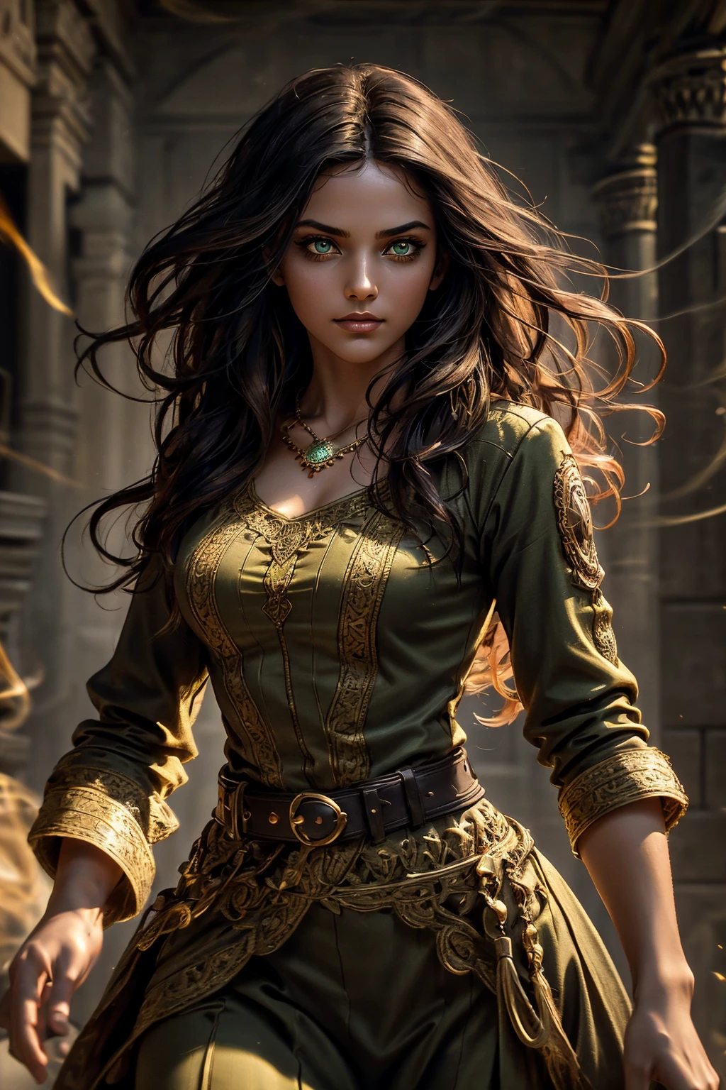A stunning South-Indian woman, olive-skinned woman, Indian beauty, with bright green eyes, standing in swirling black smoke, with dark brown-black long wavy hair, mesmerizing features with a scary expression, finely detailed eyes, angry mood masterpiece, top quality, best quality, official art, beautiful and aesthetic:1.2), (1girl), extreme detailed,(fractal art:1.3), colorful, highest detailed, (masterpiece, best quality:1.3) professional digital painting, Unreal Engine 5. Wearing a black-buttoned-up military-trench coat. Scary void dripping from body and face black magic swirling around. Black smoke swirled around her. Purple-tinted background. In a 1920 setting, at a farm, wearing 1930 style clothing, , masterpiece, top quality, best quality, official art, beautiful and aesthetic:1.2), (1girl), extreme detailed,(fractal art:1.3), pink, purple, highest detailed, (masterpiece, best quality:1.3) 1 green-eyed woman, professional digital painting, Unreal Engine 5. Wearing linen blouse, Wearing long skirt, Long hair, hopeful expression, finely detailed eyes, smiling, epic scene, epic composition, Cinematic Lighting, Volumetric Lighting, ethereal light, intricate details, extremely detailed volumetric rays. Green Eyes. [Beautiful girl, linen shirt and pants, oil painting, Detailed facial features, Sunlight, bright colors, dramatic lighting, expressive eyes and lips, High Resolution]
