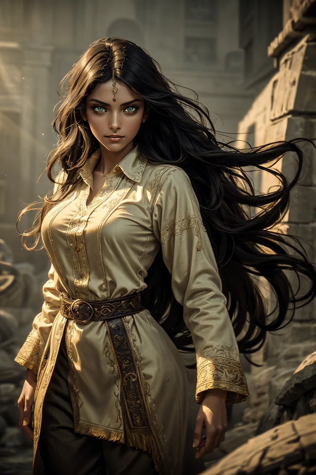 A stunning South-Indian woman, olive-skinned woman, Indian beauty, with bright green eyes, standing in swirling black smoke, with dark brown-black long wavy hair, mesmerizing features with a scary expression, finely detailed eyes, angry mood masterpiece, top quality, best quality, official art, beautiful and aesthetic:1.2), (1girl), extreme detailed,(fractal art:1.3), colorful, highest detailed, (masterpiece, best quality:1.3) professional digital painting, Unreal Engine 5. Wearing a black-buttoned-up military-trench coat. Scary void dripping from body and face black magic swirling around. Black smoke swirled around her. Purple-tinted background. In a 1920 setting, at a farm, wearing 1930 style clothing, , masterpiece, top quality, best quality, official art, beautiful and aesthetic:1.2), (1girl), extreme detailed,(fractal art:1.3), pink, purple, highest detailed, (masterpiece, best quality:1.3) 1 green-eyed woman, professional digital painting, Unreal Engine 5. Wearing linen blouse, Wearing long skirt, Long hair, hopeful expression, finely detailed eyes, smiling, epic scene, epic composition, Cinematic Lighting, Volumetric Lighting, ethereal light, intricate details, extremely detailed volumetric rays. Green Eyes. [Beautiful girl, linen shirt and pants, oil painting, Detailed facial features, Sunlight, bright colors, dramatic lighting, expressive eyes and lips, High Resolution]
