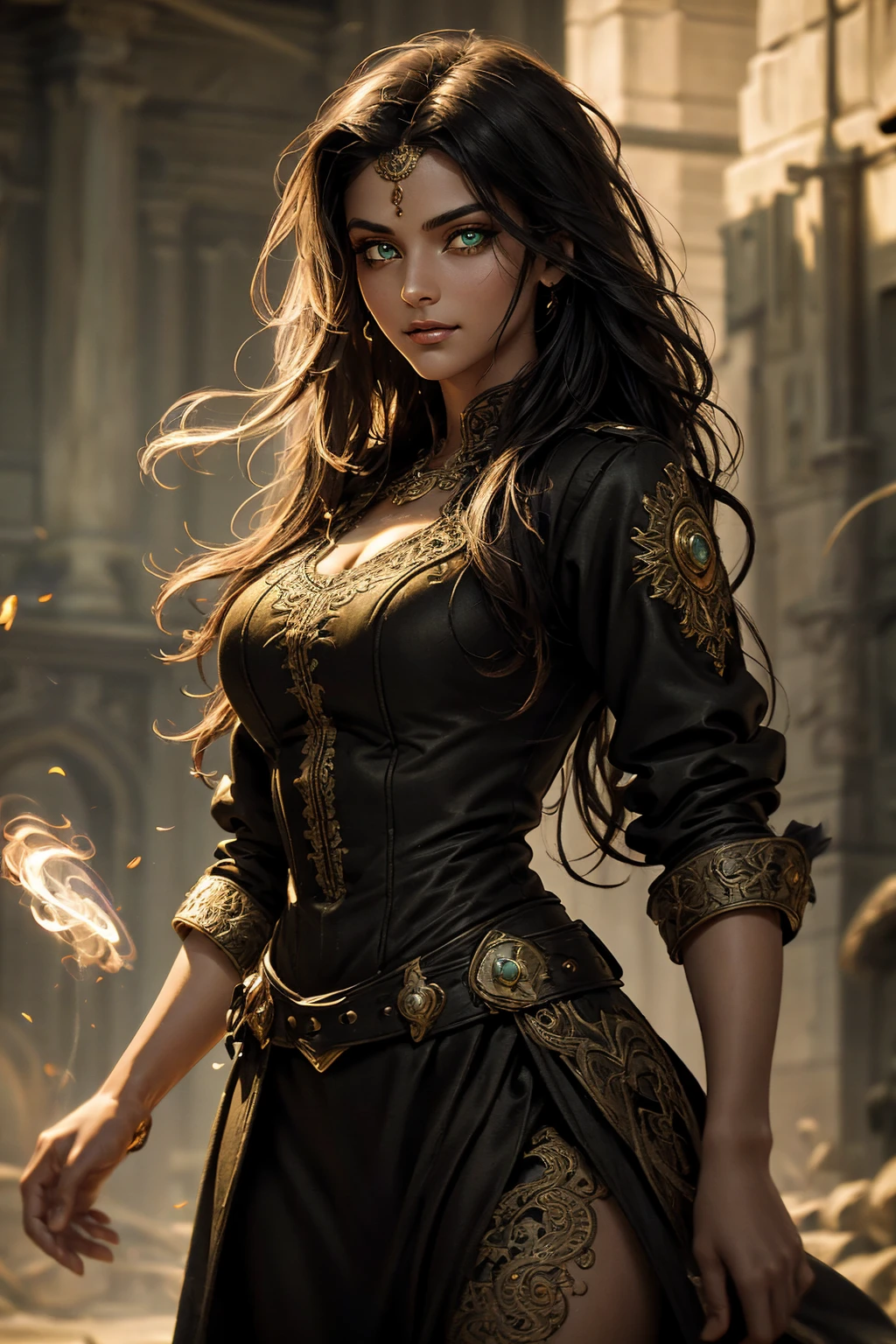 A stunning South-Indian woman, olive-skinned woman, Indian beauty, with bright green eyes, standing in swirling black smoke, with dark brown-black long wavy hair, mesmerizing features with a scary expression, finely detailed eyes, angry mood masterpiece, top quality, best quality, official art, beautiful and aesthetic:1.2), (1girl), extreme detailed,(fractal art:1.3), colorful, highest detailed, (masterpiece, best quality:1.3) professional digital painting, Unreal Engine 5. Wearing a black-buttoned-up military-trench coat. Scary void dripping from body and face black magic swirling around. Black smoke swirled around her. Purple-tinted background. In a 1920 setting, at a farm, wearing 1930 style clothing, , masterpiece, top quality, best quality, official art, beautiful and aesthetic:1.2), (1girl), extreme detailed,(fractal art:1.3), pink, purple, highest detailed, (masterpiece, best quality:1.3) 1 green-eyed woman, professional digital painting, Unreal Engine 5. Wearing linen blouse, Wearing long skirt, Long hair, hopeful expression, finely detailed eyes, smiling, epic scene, epic composition, Cinematic Lighting, Volumetric Lighting, ethereal light, intricate details, extremely detailed volumetric rays. Green Eyes. [Beautiful girl, linen shirt and pants, oil painting, Detailed facial features, Sunlight, bright colors, dramatic lighting, expressive eyes and lips, High Resolution]
