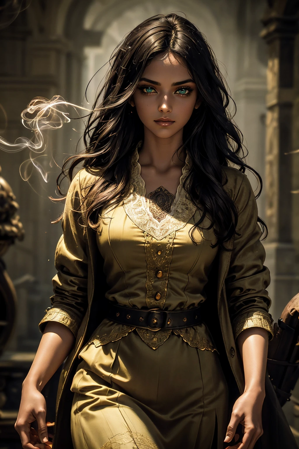 A stunning South-Indian woman, olive-skinned woman, Indian beauty, with bright green eyes, standing in swirling black smoke, with dark brown-black long wavy hair, mesmerizing features with a scary expression, finely detailed eyes, angry mood masterpiece, top quality, best quality, official art, beautiful and aesthetic:1.2), (1girl), extreme detailed,(fractal art:1.3), colorful, highest detailed, (masterpiece, best quality:1.3) professional digital painting, Unreal Engine 5. Wearing a black-buttoned-up military-trench coat. Scary void dripping from body and face black magic swirling around. Black smoke swirled around her. Purple-tinted background. In a 1920 setting, at a farm, wearing 1930 style clothing, , masterpiece, top quality, best quality, official art, beautiful and aesthetic:1.2), (1girl), extreme detailed,(fractal art:1.3), pink, purple, highest detailed, (masterpiece, best quality:1.3) 1 green-eyed woman, professional digital painting, Unreal Engine 5. Wearing linen blouse, Wearing long skirt, Long hair, hopeful expression, finely detailed eyes, smiling, epic scene, epic composition, Cinematic Lighting, Volumetric Lighting, ethereal light, intricate details, extremely detailed volumetric rays. Green Eyes. [Beautiful girl, linen shirt and pants, oil painting, Detailed facial features, Sunlight, bright colors, dramatic lighting, expressive eyes and lips, High Resolution]
