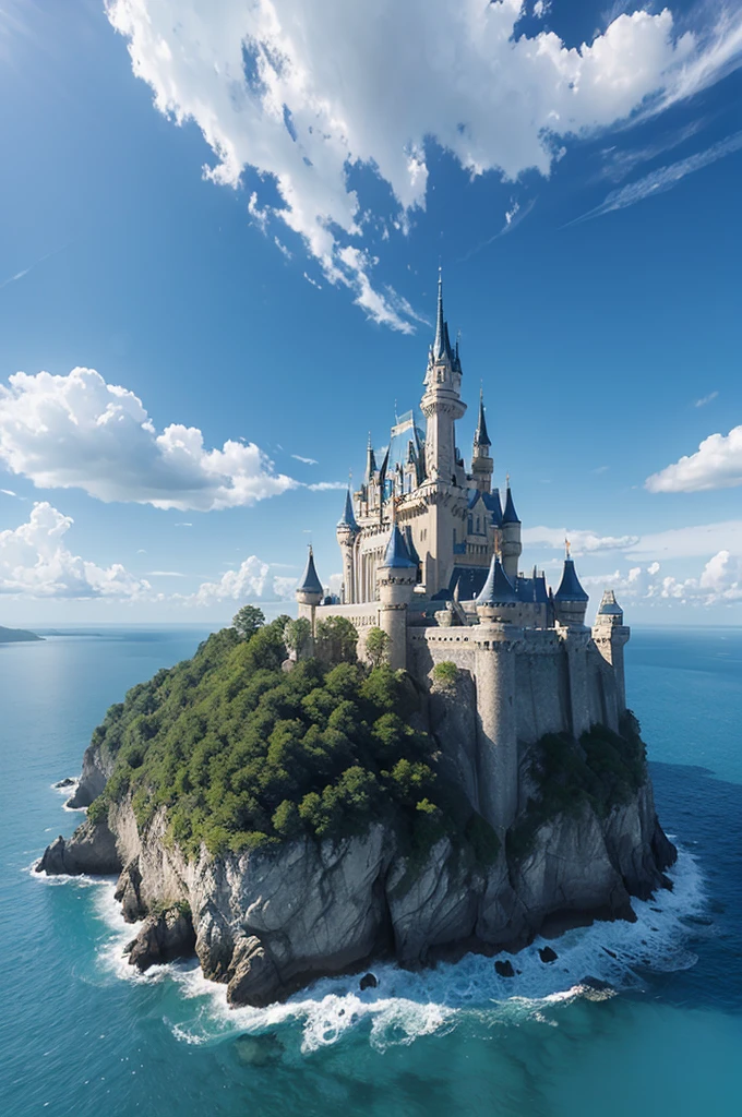 There is a castle in the sky floating in the center of the clear blue sky.。Create a digital matte painting of the sky for a sci-fi movie。