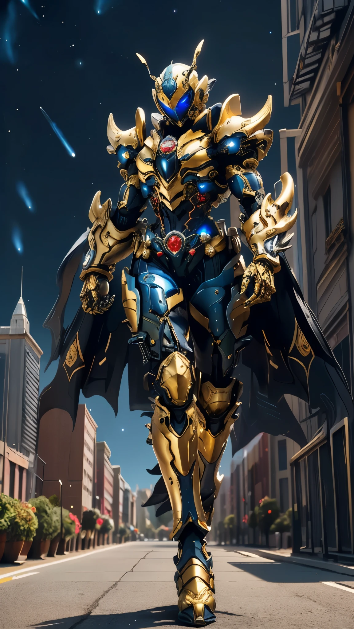 A woman adorned in fantasy-style full-body armor, a crown-concept fully enclosed helmet that unveils only her eyes, a composite layered chest plate, fully encompassing shoulder and hand guards, a lightweight waist armor, form-fitting shin guards, the overall design is heavy-duty yet flexible, ((the armor gleams with a golden glow, complemented by red and blue accents)), exhibiting a noble aura, she floats above a fantasy-surreal high-tech city, this character embodies a finely crafted fantasy-surreal style armored hero in anime style, exquisite and mature manga art style, (Queen bee mixed with Spider concept Armor, photorealistic:1.2, real texture material:1.2), ((night sky, city night view, elegant, goddess, femminine:1.5)), Unreal Engine 5, metallic, high definition, best quality, highres, ultra-detailed, ultra-fine painting, extremely delicate, professional, anatomically correct, symmetrical face, extremely detailed eyes and face, high quality eyes, creativity, RAW photo, UHD, 32k, Natural light, cinematic lighting, masterpiece-anatomy-perfect, masterpiece:1.5