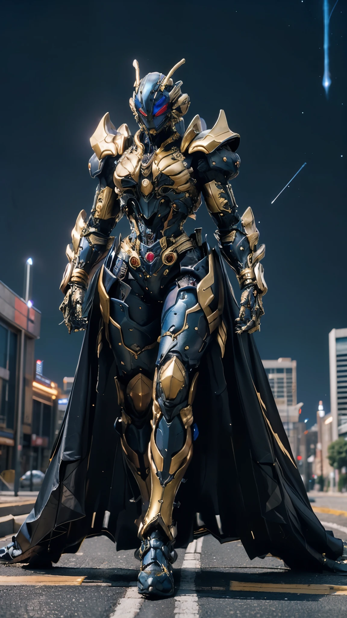 A woman adorned in fantasy-style full-body armor, a crown-concept fully enclosed helmet that unveils only her eyes, a composite layered chest plate, fully encompassing shoulder and hand guards, a lightweight waist armor, form-fitting shin guards, the overall design is heavy-duty yet flexible, ((the armor gleams with a golden glow, complemented by red and blue accents)), exhibiting a noble aura, she floats above a fantasy-surreal high-tech city, this character embodies a finely crafted fantasy-surreal style armored hero in anime style, exquisite and mature manga art style, (Queen bee mixed with Spider concept Armor, photorealistic:1.2, real texture material:1.2), ((night sky, city night view, elegant, goddess, femminine:1.5)), Unreal Engine 5, metallic, high definition, best quality, highres, ultra-detailed, ultra-fine painting, extremely delicate, professional, anatomically correct, symmetrical face, extremely detailed eyes and face, high quality eyes, creativity, RAW photo, UHD, 32k, Natural light, cinematic lighting, masterpiece-anatomy-perfect, masterpiece:1.5