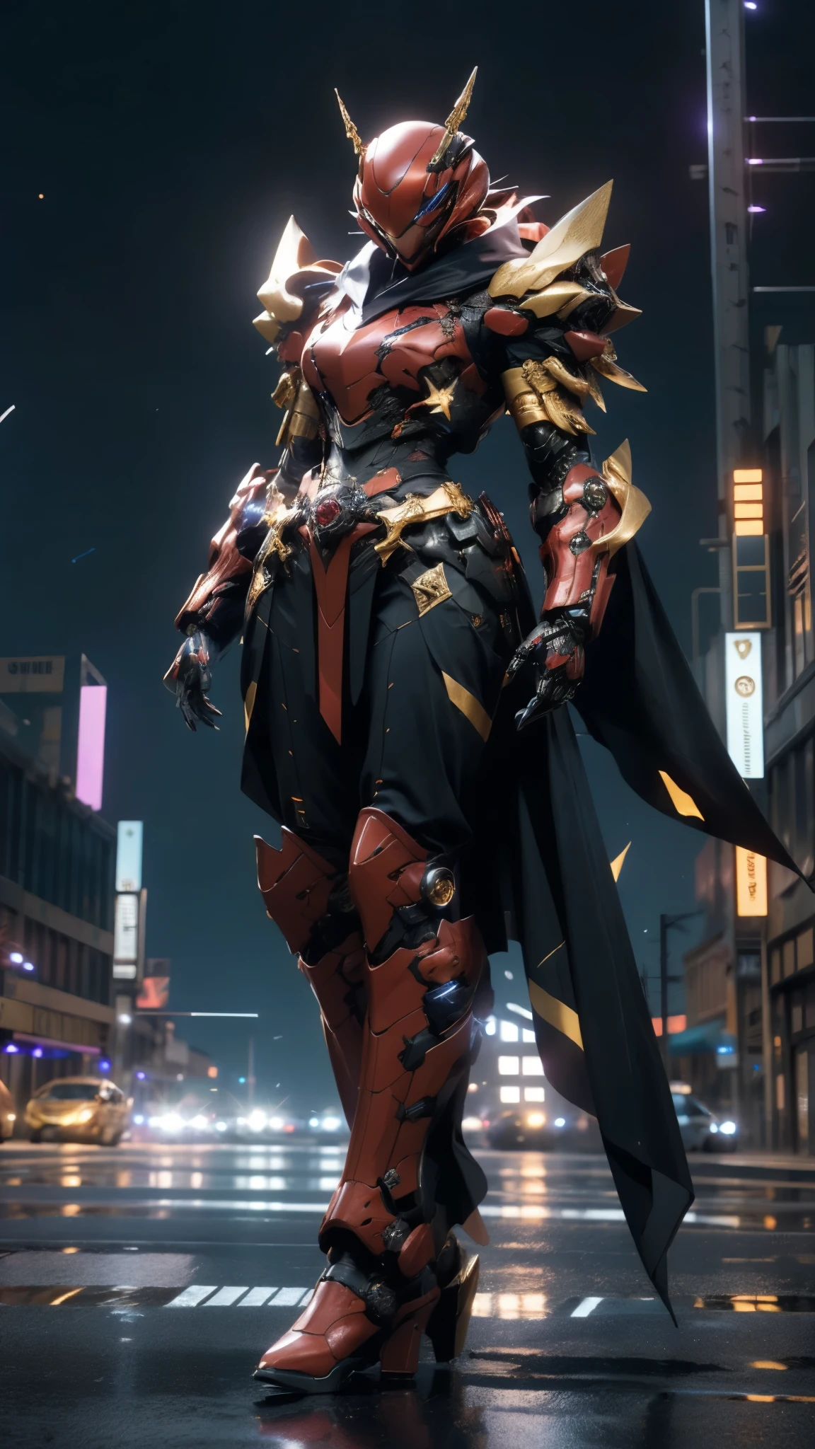 A woman adorned in fantasy-style full-body armor, a crown-concept fully enclosed helmet that unveils only her eyes, a composite layered chest plate, fully encompassing shoulder and hand guards, a lightweight waist armor, form-fitting shin guards, the overall design is heavy-duty yet flexible, ((the armor gleams with a golden glow, complemented by red and blue accents)), exhibiting a noble aura, she floats above a fantasy-surreal high-tech city, this character embodies a finely crafted fantasy-surreal style armored hero in anime style, exquisite and mature manga art style, (Queen bee mixed with Spider concept Armor, photorealistic:1.2, real texture material:1.2), ((night sky, city night view, elegant, goddess, femminine:1.5)), Unreal Engine 5, metallic, high definition, best quality, highres, ultra-detailed, ultra-fine painting, extremely delicate, professional, anatomically correct, symmetrical face, extremely detailed eyes and face, high quality eyes, creativity, RAW photo, UHD, 32k, Natural light, cinematic lighting, masterpiece-anatomy-perfect, masterpiece:1.5