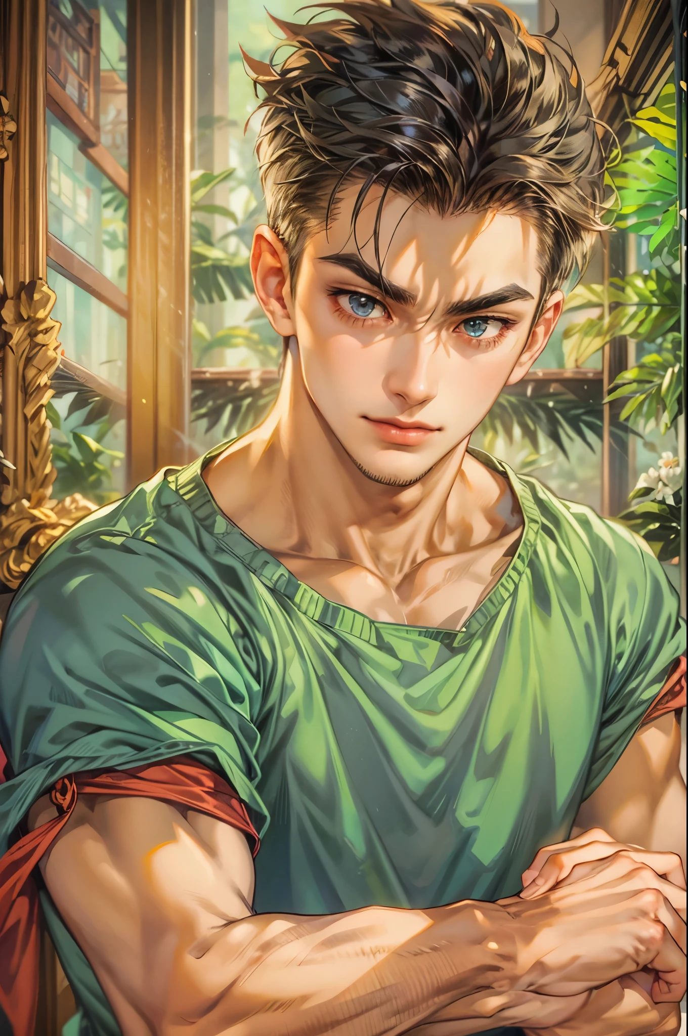 ((Best quality)), ((masterpiece)), (detailed), ((perfect face)), ((halfbody)) handsome face, male, teen boy,  perfect proportions , a character from anime Dragon ball Z, akira toriyama art style, short hair, male version , detailed ghibli interior scenery background 