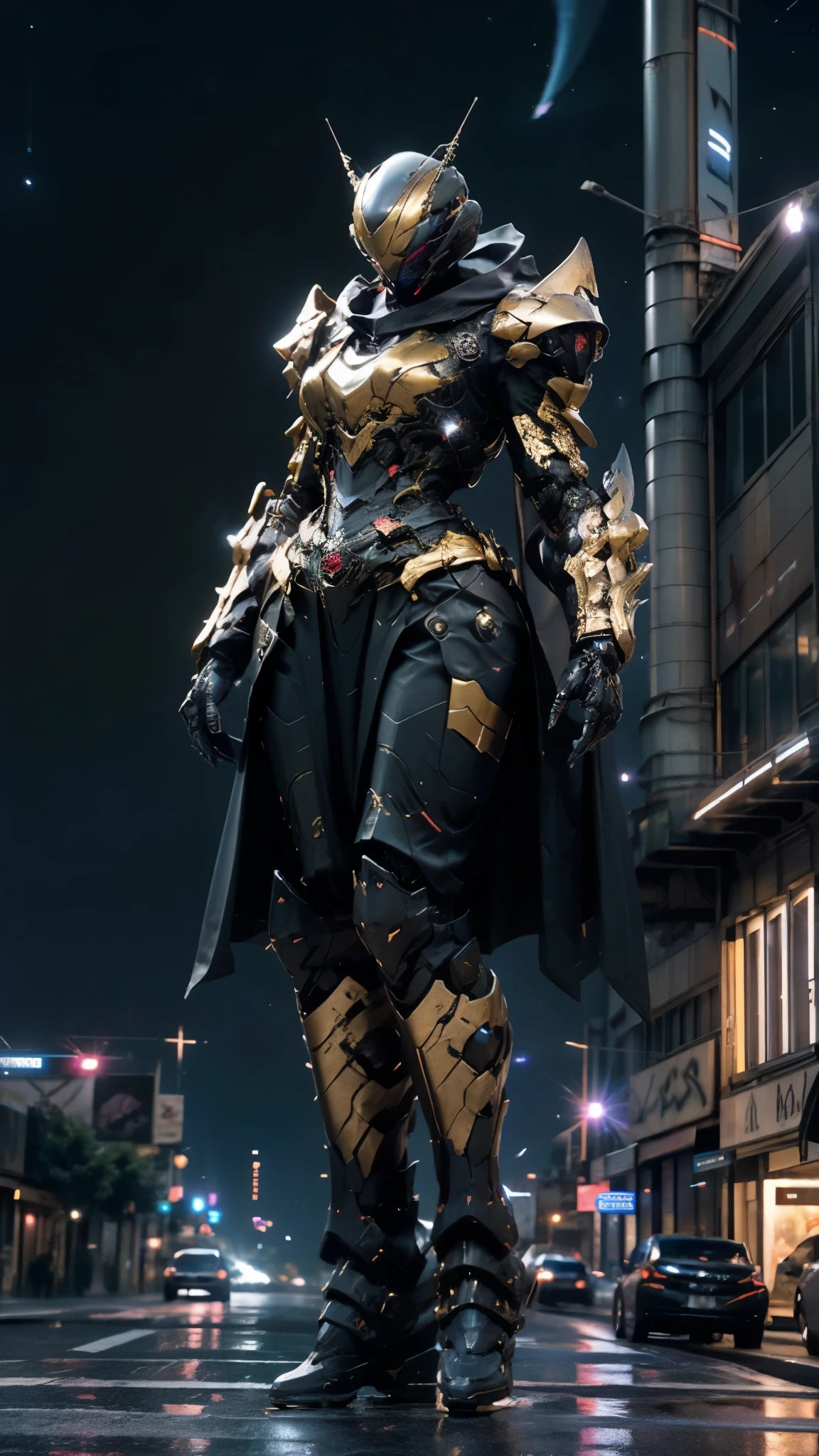 A woman adorned in fantasy-style full-body armor, a crown-concept fully enclosed helmet that unveils only her eyes, a composite layered chest plate, fully encompassing shoulder and hand guards, a lightweight waist armor, form-fitting shin guards, the overall design is heavy-duty yet flexible, ((the armor gleams with a golden glow, complemented by red and blue accents)), exhibiting a noble aura, she floats above a fantasy-surreal high-tech city, this character embodies a finely crafted fantasy-surreal style armored hero in anime style, exquisite and mature manga art style, (Queen bee mixed with Spider concept Armor, photorealistic:1.2, real texture material:1.2), ((night sky, city night view, elegant, goddess, femminine:1.5)), Unreal Engine 5, metallic, high definition, best quality, highres, ultra-detailed, ultra-fine painting, extremely delicate, professional, anatomically correct, symmetrical face, extremely detailed eyes and face, high quality eyes, creativity, RAW photo, UHD, 32k, Natural light, cinematic lighting, masterpiece-anatomy-perfect, masterpiece:1.5