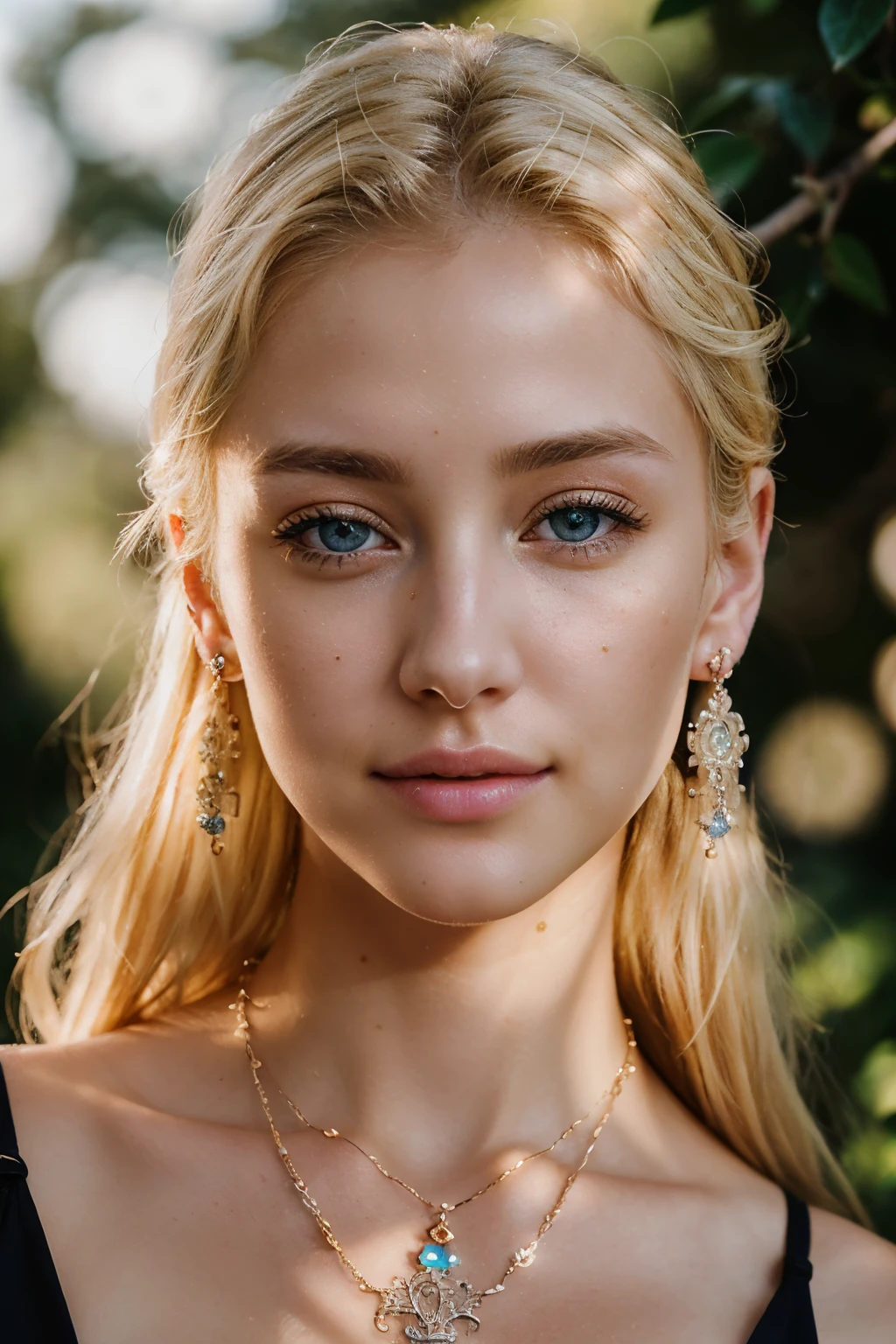 masterpiece, photorealistic, close up face portrait, 1 lady, alluring woman, smiling wistfully, blonde, sofisticated, jewelery, necklace , earings, piercings, young beautiful, cute freckles, realistic skin textures, skin imperfections, twin braids, young girl, freckled,blonde, freckled pale skin, anna nikonova aka newmilky, lacey