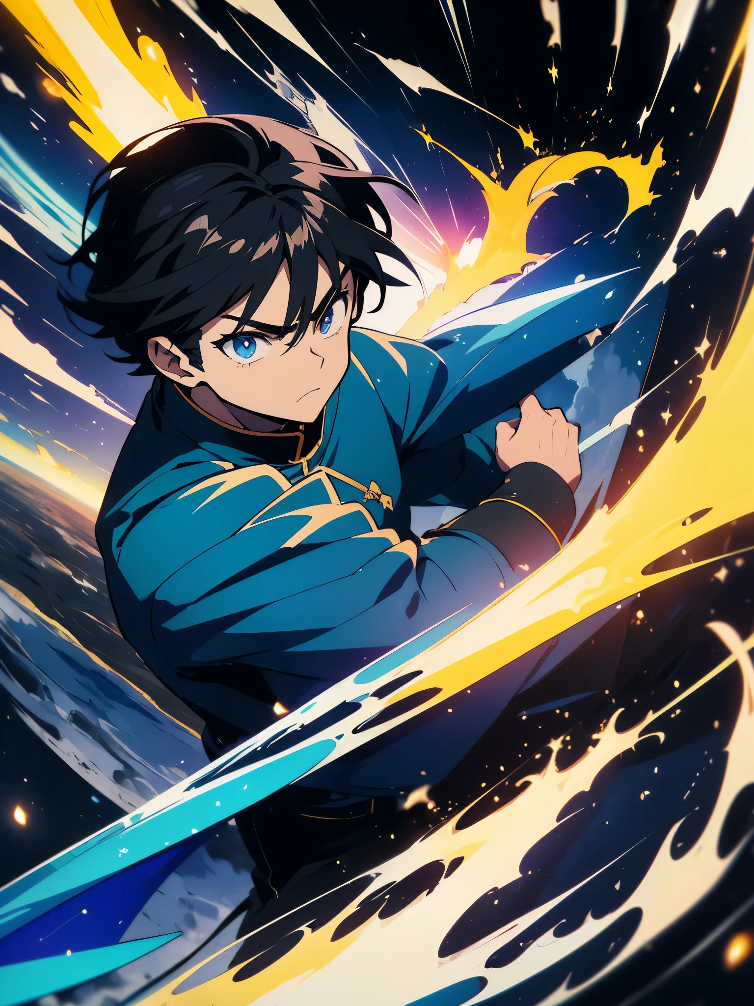 (((masterpiece、highest quality))),(Hitting Kamehameha)16k,(1 young person,black hair,brave look),(tall、Cool Boy)、 figure, Earth, Wind,space,、(Shining eyes),(chinese fighting uniform)、(Blue effect)、action、beautiful anime、Cool anime