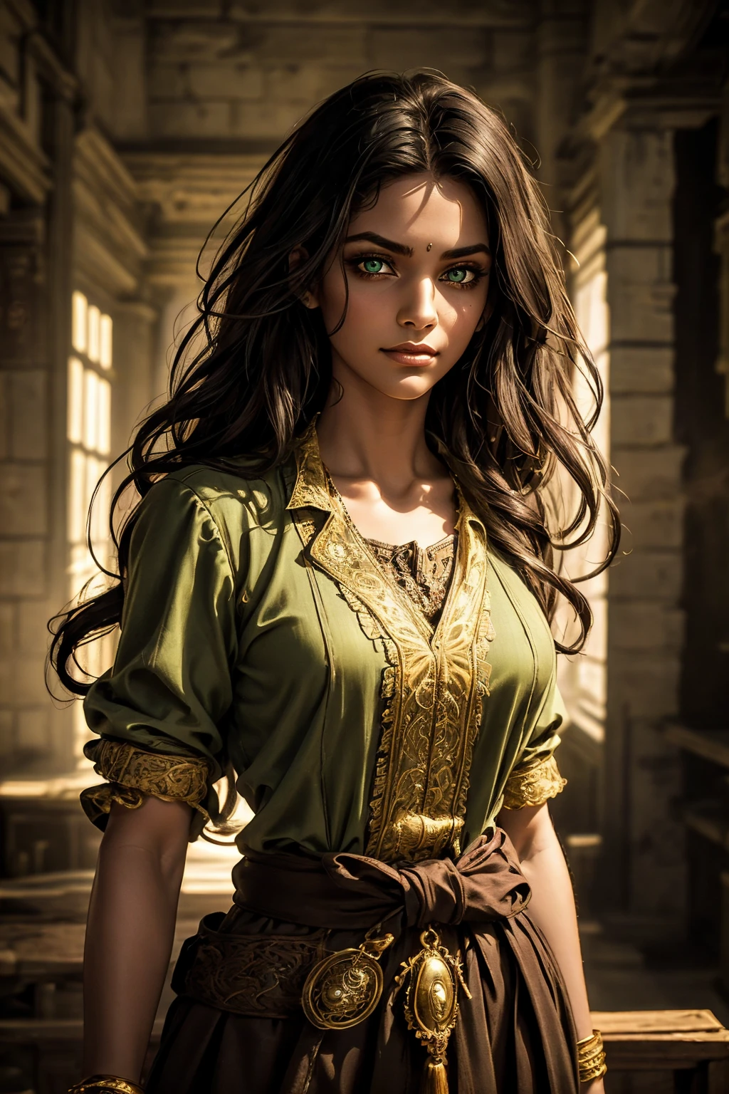 A stunning South-Indian woman, olive-skinned woman, Indian beauty, with bright green eyes, standing in swirling black smoke, with dark brown-black long wavy hair, mesmerizing features with a scary expression, finely detailed eyes, angry mood masterpiece, top quality, best quality, official art, beautiful and aesthetic:1.2), (1girl), extreme detailed,(fractal art:1.3), colorful, highest detailed, (masterpiece, best quality:1.3) professional digital painting, Unreal Engine 5. Wearing a black-buttoned-up military-trench coat. Scary void dripping from body and face black magic swirling around. Black smoke swirled around her. Purple-tinted background. In a 1920 setting, at a farm, wearing 1930 style clothing, , masterpiece, top quality, best quality, official art, beautiful and aesthetic:1.2), (1girl), extreme detailed,(fractal art:1.3), pink, purple, highest detailed, (masterpiece, best quality:1.3) 1 green-eyed woman, professional digital painting, Unreal Engine 5. Wearing linen blouse, Wearing long skirt, Long hair, hopeful expression, finely detailed eyes, smiling, epic scene, epic composition, Cinematic Lighting, Volumetric Lighting, ethereal light, intricate details, extremely detailed volumetric rays. Green Eyes. [Beautiful girl, linen shirt and pants, oil painting, Detailed facial features, Sunlight, bright colors, dramatic lighting, expressive eyes and lips, High Resolution]
