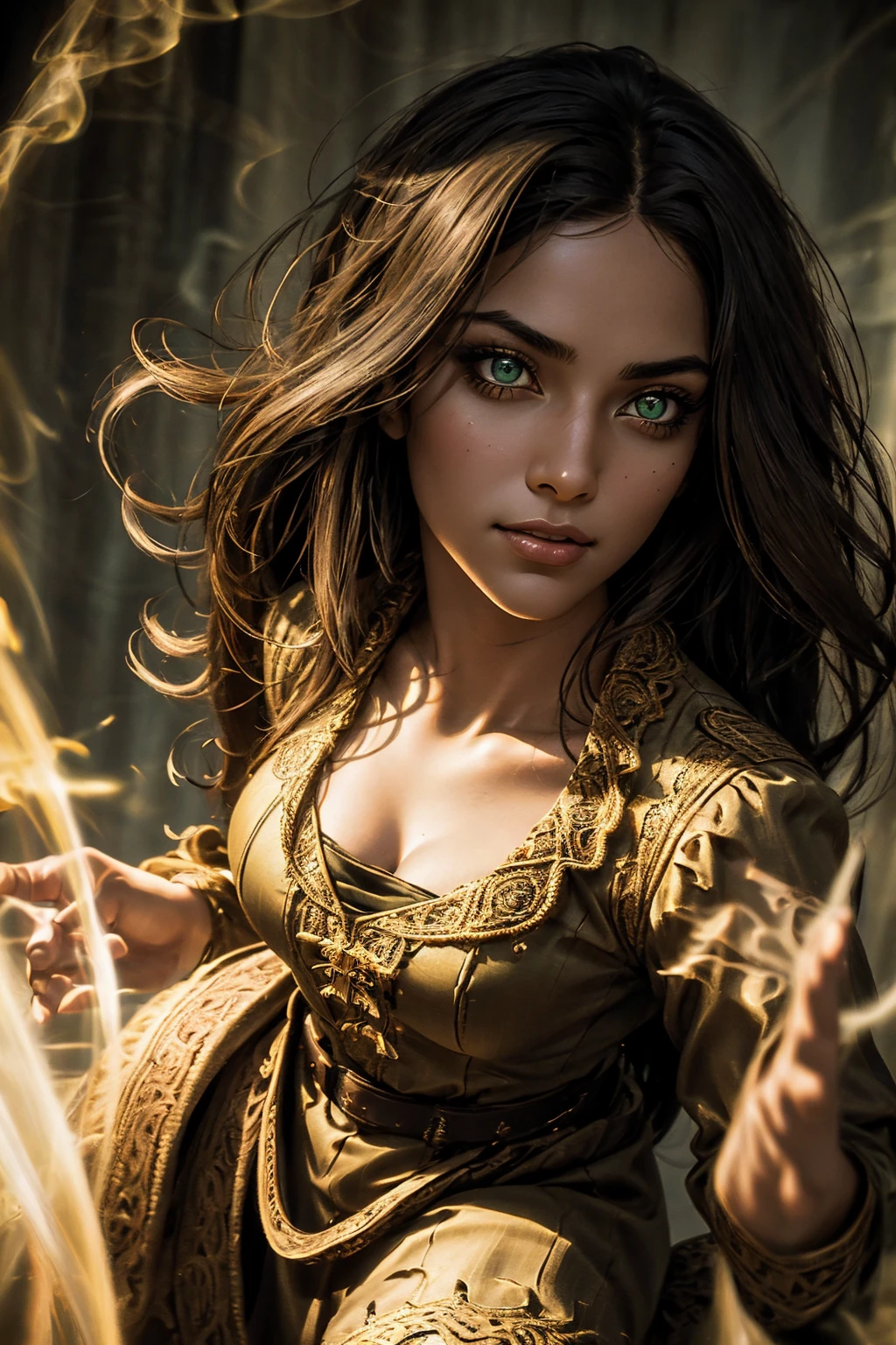 A stunning South-Indian woman, olive-skinned woman, Indian beauty, with bright green eyes, standing in swirling black smoke, with dark brown-black long wavy hair, mesmerizing features with a scary expression, finely detailed eyes, angry mood masterpiece, top quality, best quality, official art, beautiful and aesthetic:1.2), (1girl), extreme detailed,(fractal art:1.3), colorful, highest detailed, (masterpiece, best quality:1.3) professional digital painting, Unreal Engine 5. Wearing a black-buttoned-up military-trench coat. Scary void dripping from body and face black magic swirling around. Black smoke swirled around her. Purple-tinted background. In a 1920 setting, at a farm, wearing 1930 style clothing, , masterpiece, top quality, best quality, official art, beautiful and aesthetic:1.2), (1girl), extreme detailed,(fractal art:1.3), pink, purple, highest detailed, (masterpiece, best quality:1.3) 1 green-eyed woman, professional digital painting, Unreal Engine 5. Wearing linen blouse, Wearing long skirt, Long hair, hopeful expression, finely detailed eyes, smiling, epic scene, epic composition, Cinematic Lighting, Volumetric Lighting, ethereal light, intricate details, extremely detailed volumetric rays. Green Eyes. [Beautiful girl, linen shirt and pants, oil painting, Detailed facial features, Sunlight, bright colors, dramatic lighting, expressive eyes and lips, High Resolution]

