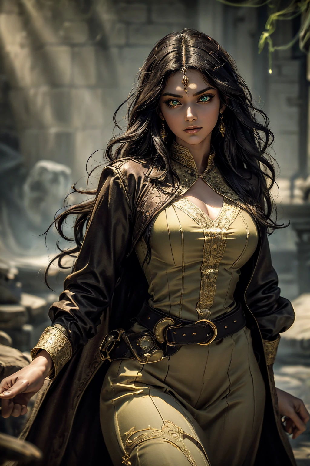 A stunning South-Indian woman, olive-skinned woman, Indian beauty, with bright green eyes, standing in swirling black smoke, with dark brown-black long wavy hair, mesmerizing features with a scary expression, finely detailed eyes, angry mood masterpiece, top quality, best quality, official art, beautiful and aesthetic:1.2), (1girl), extreme detailed,(fractal art:1.3), colorful, highest detailed, (masterpiece, best quality:1.3) professional digital painting, Unreal Engine 5. Wearing a black-buttoned-up military-trench coat. Scary void dripping from body and face black magic swirling around. Black smoke swirled around her. Purple-tinted background. In a 1920 setting, at a farm, wearing 1930 style clothing, , masterpiece, top quality, best quality, official art, beautiful and aesthetic:1.2), (1girl), extreme detailed,(fractal art:1.3), pink, purple, highest detailed, (masterpiece, best quality:1.3) 1 green-eyed woman, professional digital painting, Unreal Engine 5. Wearing linen blouse, Wearing long skirt, Long hair, hopeful expression, finely detailed eyes, smiling, epic scene, epic composition, Cinematic Lighting, Volumetric Lighting, ethereal light, intricate details, extremely detailed volumetric rays. Green Eyes. [Beautiful girl, linen shirt and pants, oil painting, Detailed facial features, Sunlight, bright colors, dramatic lighting, expressive eyes and lips, High Resolution]
