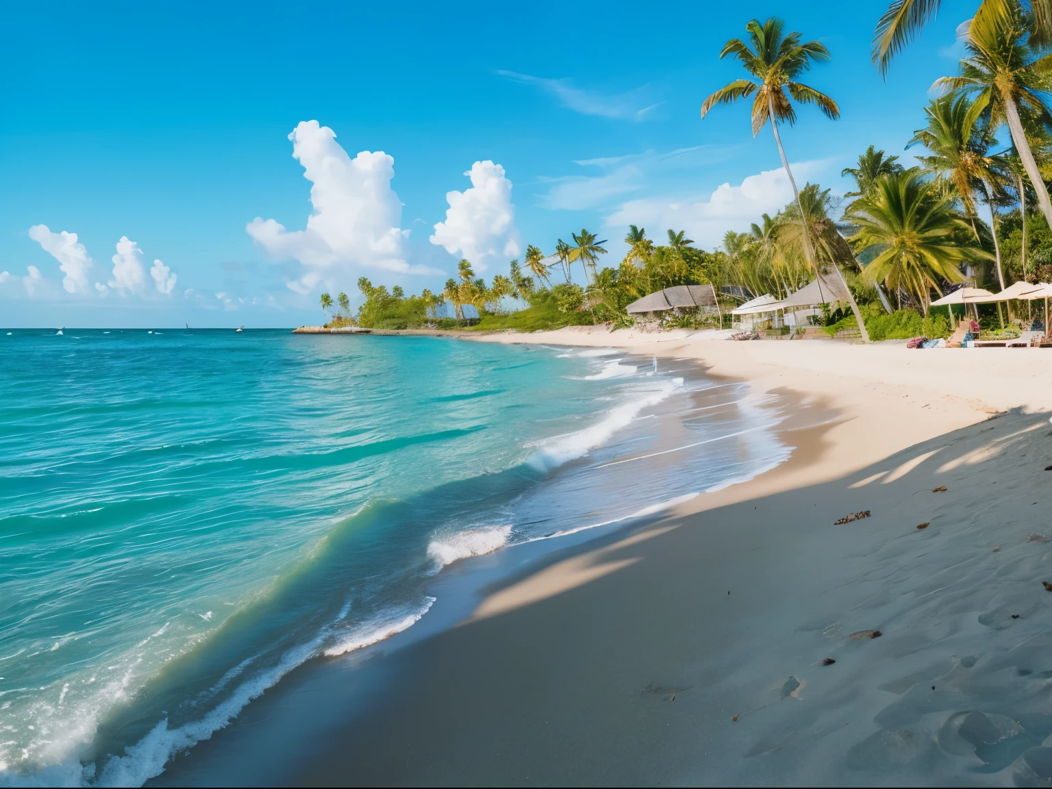A mesmerizing blue sky spread out on the beach。the water is crystal clear、kiss the shore、The white sand beach continues forever。The scenes are action-packed and breathtaking.、Seagulls soar high into the sky、palm trees sway gently。Immerse yourself in the calm atmosphere、Surrounded by silence。