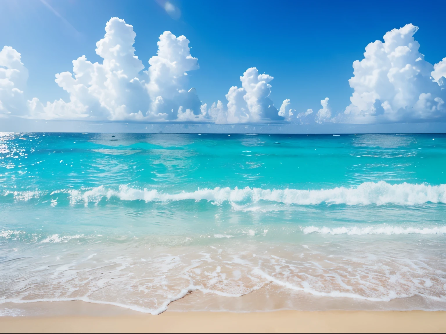 A mesmerizing blue sky spread out on the beach。the water is crystal clear、kiss the shore、The white sand beach continues forever。The scenes are action-packed and breathtaking.、Seagulls soar high into the sky、palm trees sway gently。Immerse yourself in the calm atmosphere、Surrounded by silence。