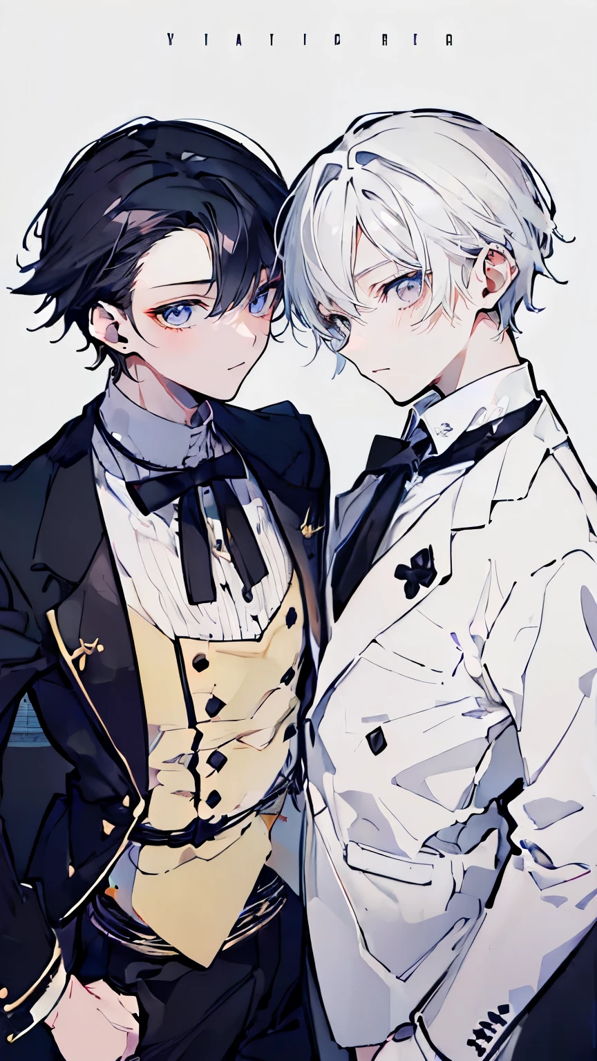 very detailed, ((two friendly young men:1.5)), perfect face, beautiful face, very detailed顔，(black-haired young man:1.3)，(white-haired young man:1.3)，ruffle shirt，smile，flower