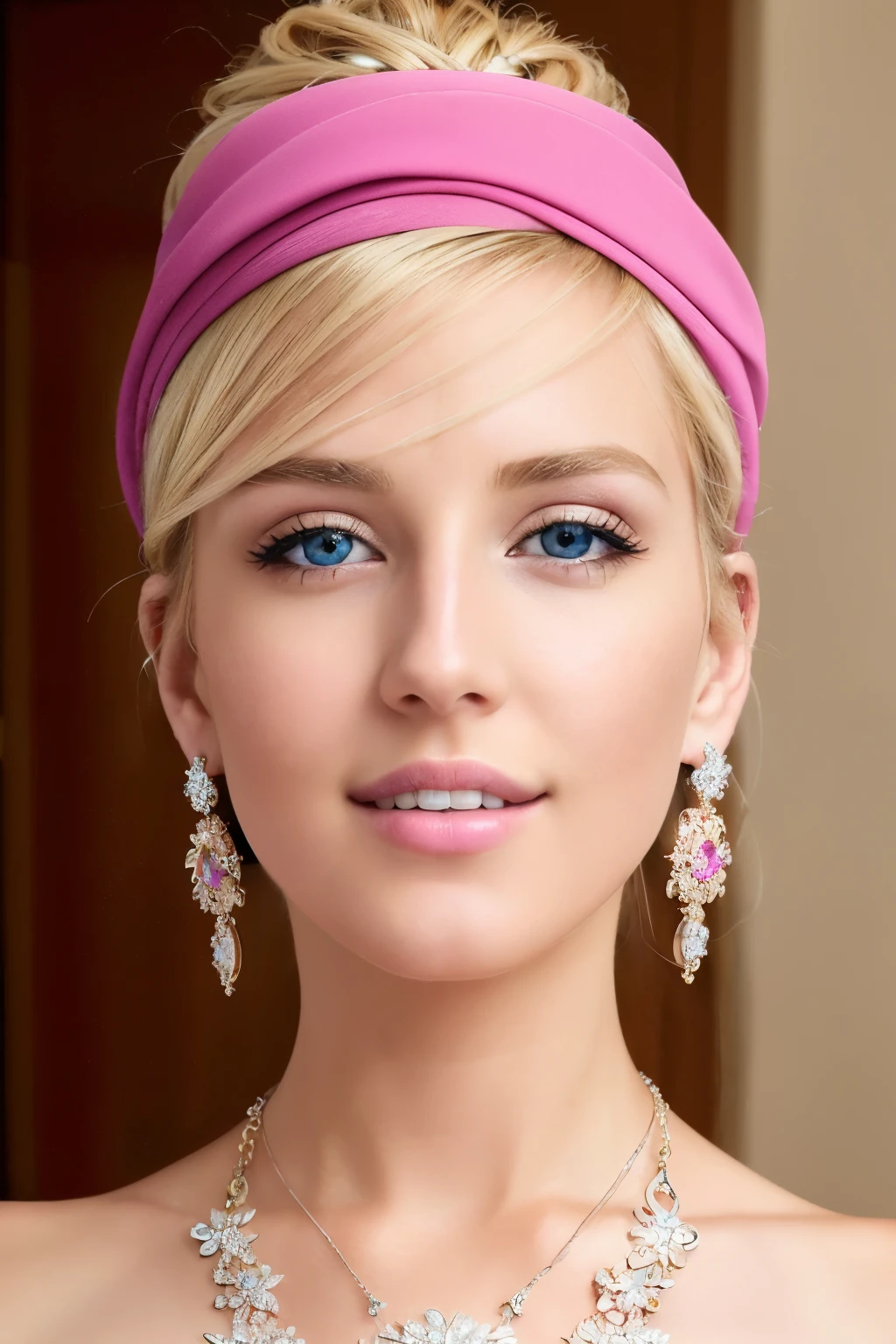 ((highest quality)), ((super resolution)), ((realistic:1.4)), (intricate details), 24-years-old, blonde hair, perfect face, compensate:1.5, light shines on your face, facial details,earrings、necklace、bracelet