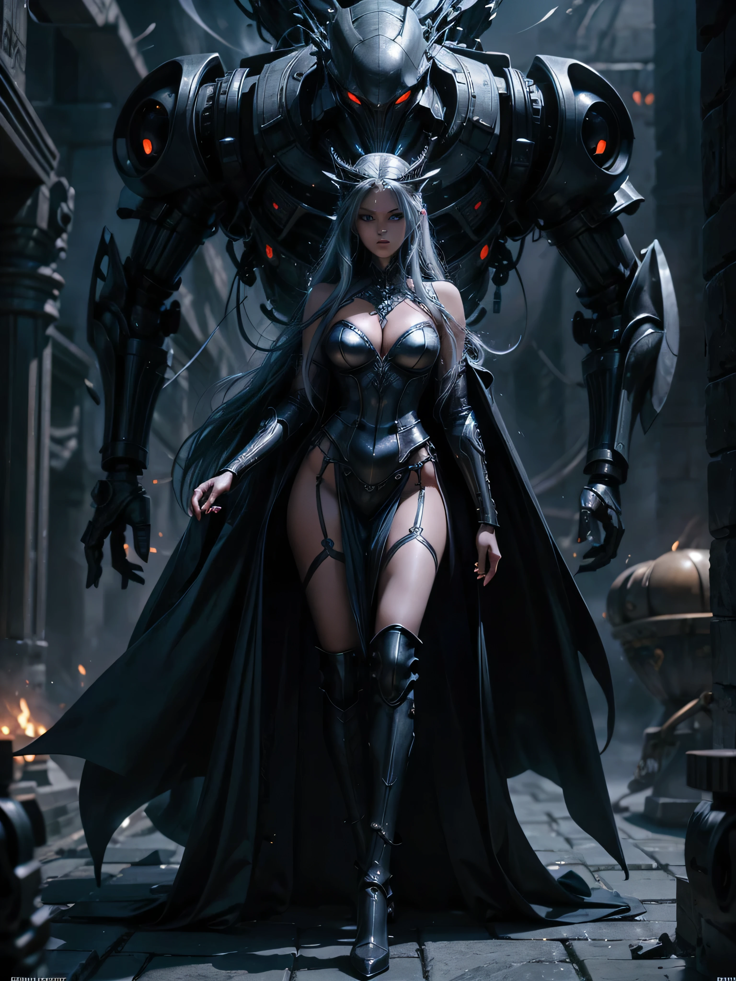 full body fantasy image medieval beauty sensual sexy viking goddess controlling a complicated extraterrestrial alien machine long black hair blue eyes white skin tall graceful long legs pipes gears smoke steam 3d elaborate apro details twilight foreboding gloomy futuristic