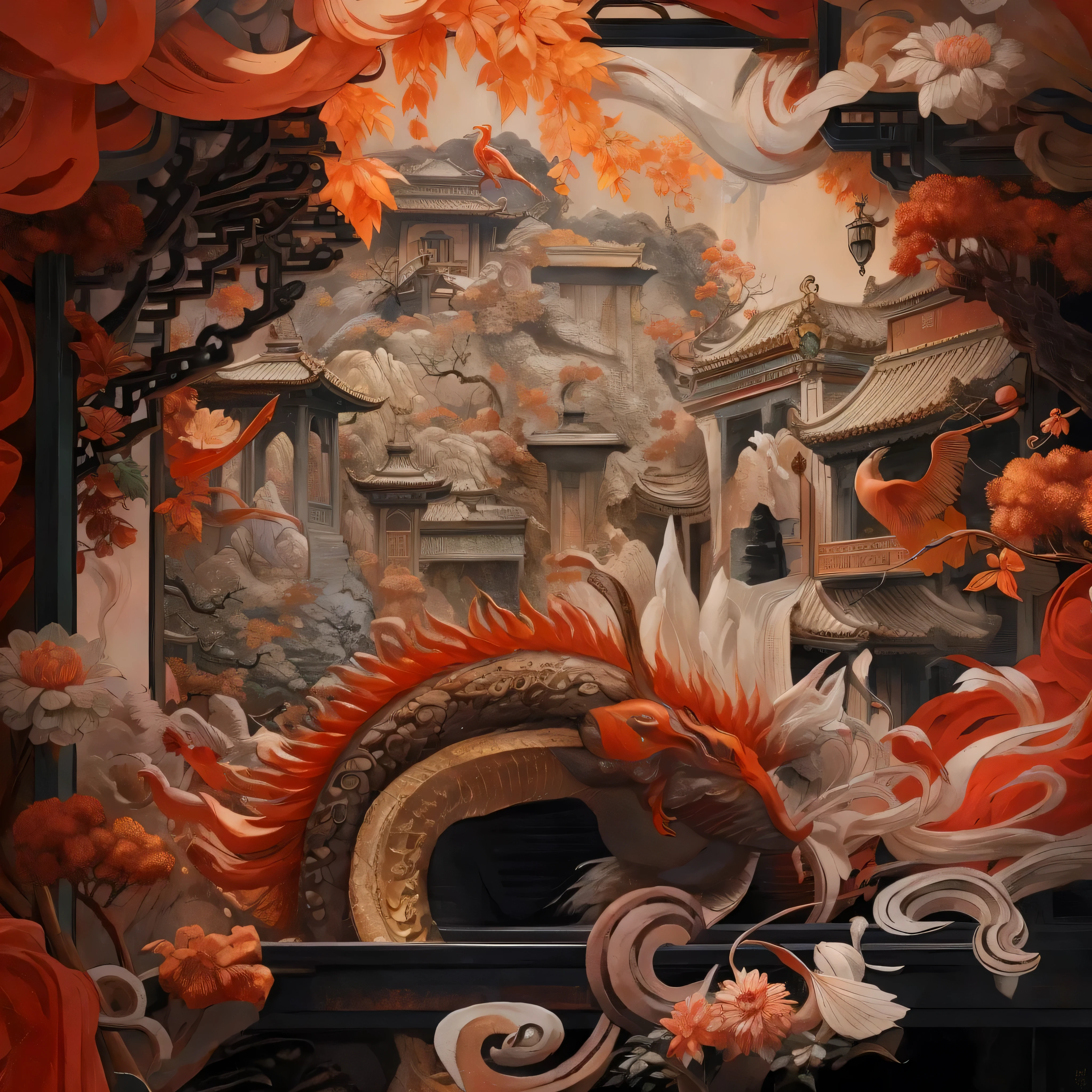 There is a picture of a dragon statue in the window, complex digital painting, Detailed Painting 4K, 4k highly detailed digital art, Highly detailed digital painting, Complex and gorgeous anime CGI style, Very detailed figures, 8k high quality detailed art, Beautiful digital artwork, Chinese dragon concept art, Highly detailed digital artwork, 4k detailed digital art
