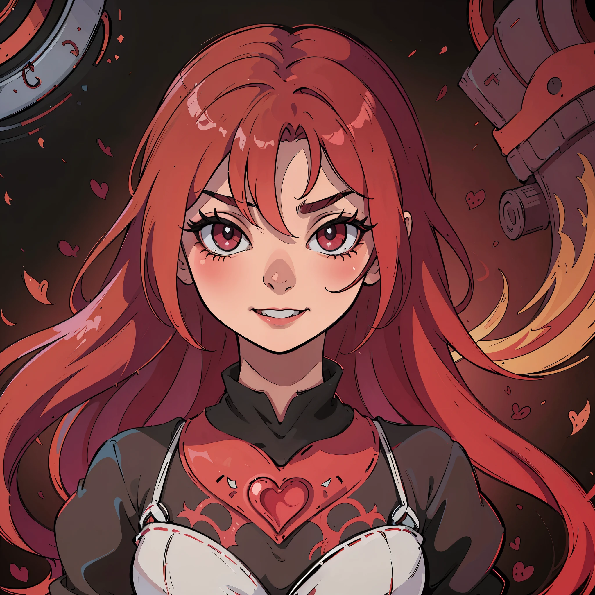 villain, apenas smile, apenas, crueldade, Genocida,vermelho, garota, Covered area, hearts, princess, lindo, Wonderland, Cabelos ruivos fortes, anime, vermelho eyes, bonitinho, very Lindo