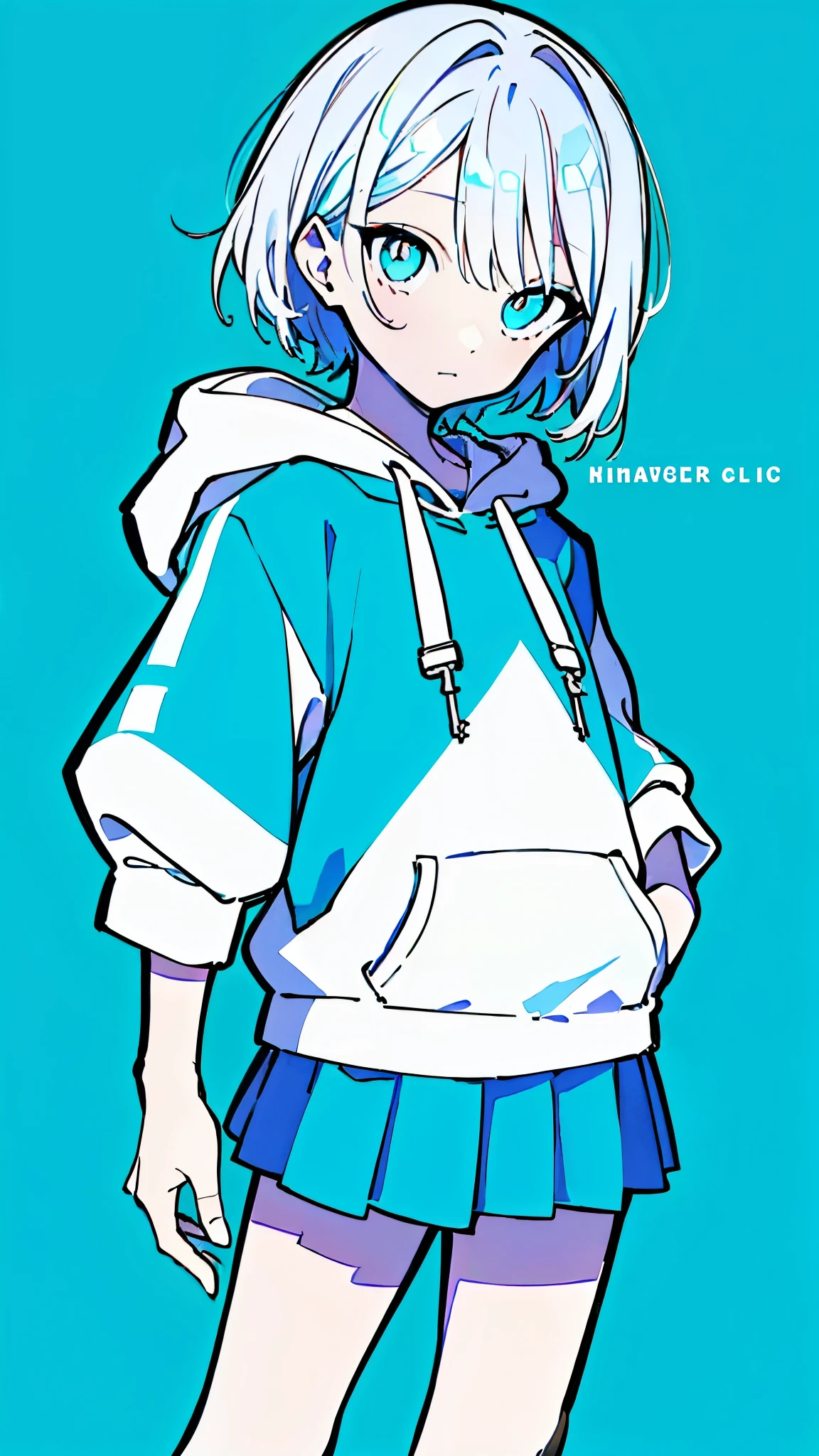 (masterpiece, highest quality:1.6), alone, thick outline, (simple background, bright blue background, monochrome, bright blue theme:1.2), official art, Key Visual, 8k, confused, whole body, (unique hair, oversized hoodie, mini skirt, arch back, short torso, solo:1.2), belly button, thighs, cowboy shot, HDR, sharp focus, High resolution, most detailed, very detailed, Super detailed, finely, detailed eyes and face, sharp pupils, realistic student, alone, alone, put one's hand in one's pocket, contrast between light blue and white