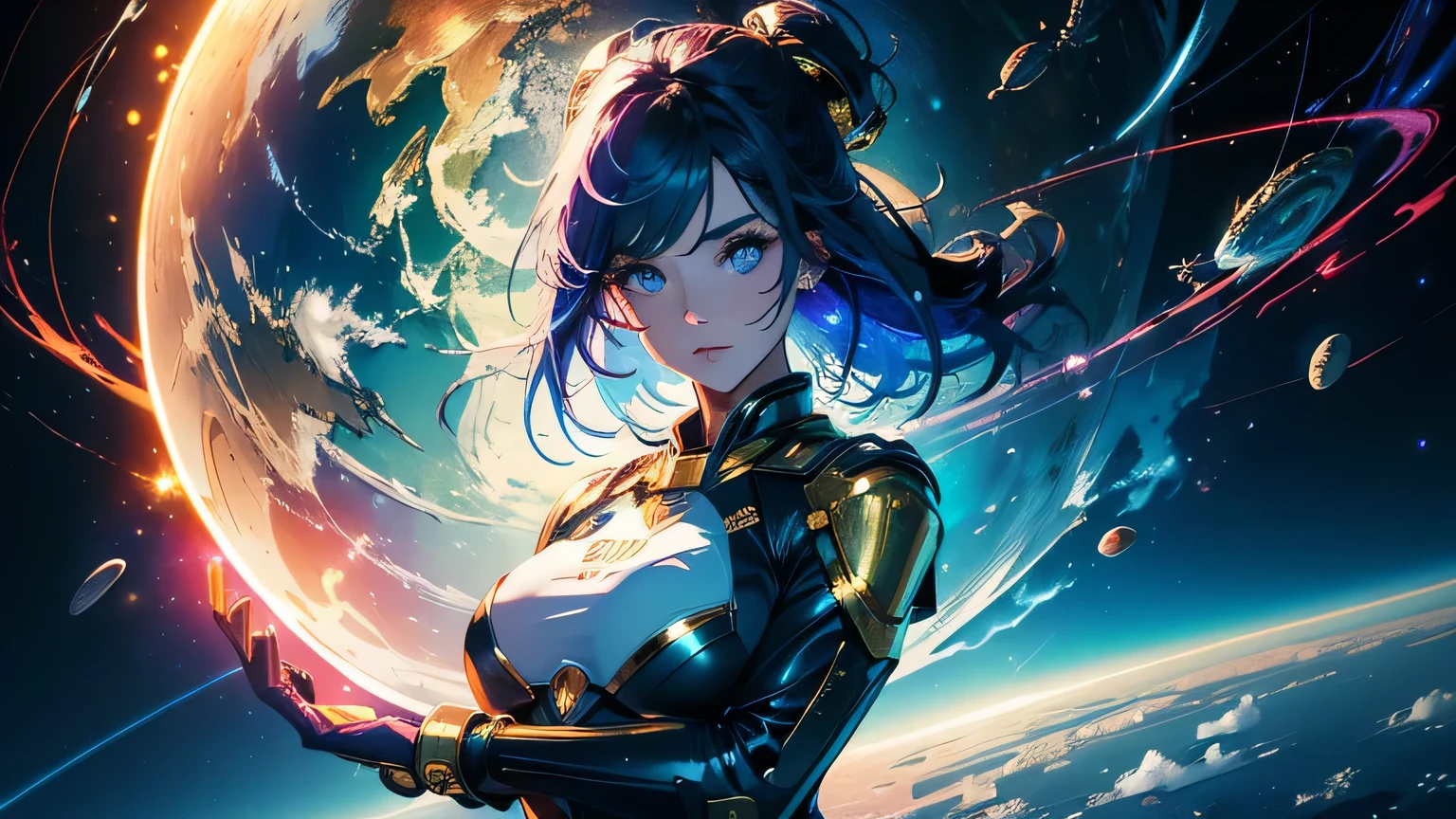 (masterpiece), best quality, a cute girl floating in the space holding a planet, ((holding)), sphere, ((glow, planet glow)), perfect face, expressive eyes, (blue Tight crop top gold leather suit), (Medium breast), (open half breast), , spiral galaxy, astronomy wallpaper, happy, colorful, exciting, gorgeous, blue giant star, cowboy shot, cosmic, cosmos 4k, shiny, perfect light, glowing sphere BREAK is a cute girl on space, she is holding a glwoing sphere with the two hands, she is wearing a white space suit, she has blue hair, red eyes, red giant star, sun like star, shine, BREAK vivid colors, bright,shiny, cool colors, dramatic lighting, artistic, creative, digital art, wallpaper, (glowing eyeagical, impossible, good vibes, good emotions, adventure, (solo, alone,1girl)\