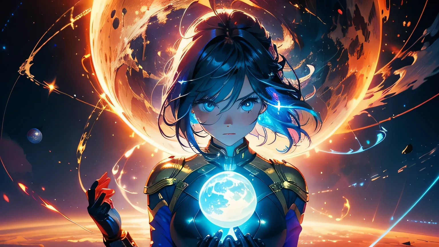 (masterpiece), best quality, a cute girl floating in the space holding a planet, ((holding)), sphere, ((glow, planet glow)), perfect face, expressive eyes, (blue Tight crop top gold leather suit), (Medium breast), (open half breast), , spiral galaxy, astronomy wallpaper, happy, colorful, exciting, gorgeous, blue giant star, cowboy shot, cosmic, cosmos 4k, shiny, perfect light, glowing sphere BREAK is a cute girl on space, she is holding a glwoing sphere with the two hands, she is wearing a white space suit, she has blue hair, red eyes, red giant star, sun like star, shine, BREAK vivid colors, bright,shiny, cool colors, dramatic lighting, artistic, creative, digital art, wallpaper, (glowing eyeagical, impossible, good vibes, good emotions, adventure, (solo, alone,1girl)\