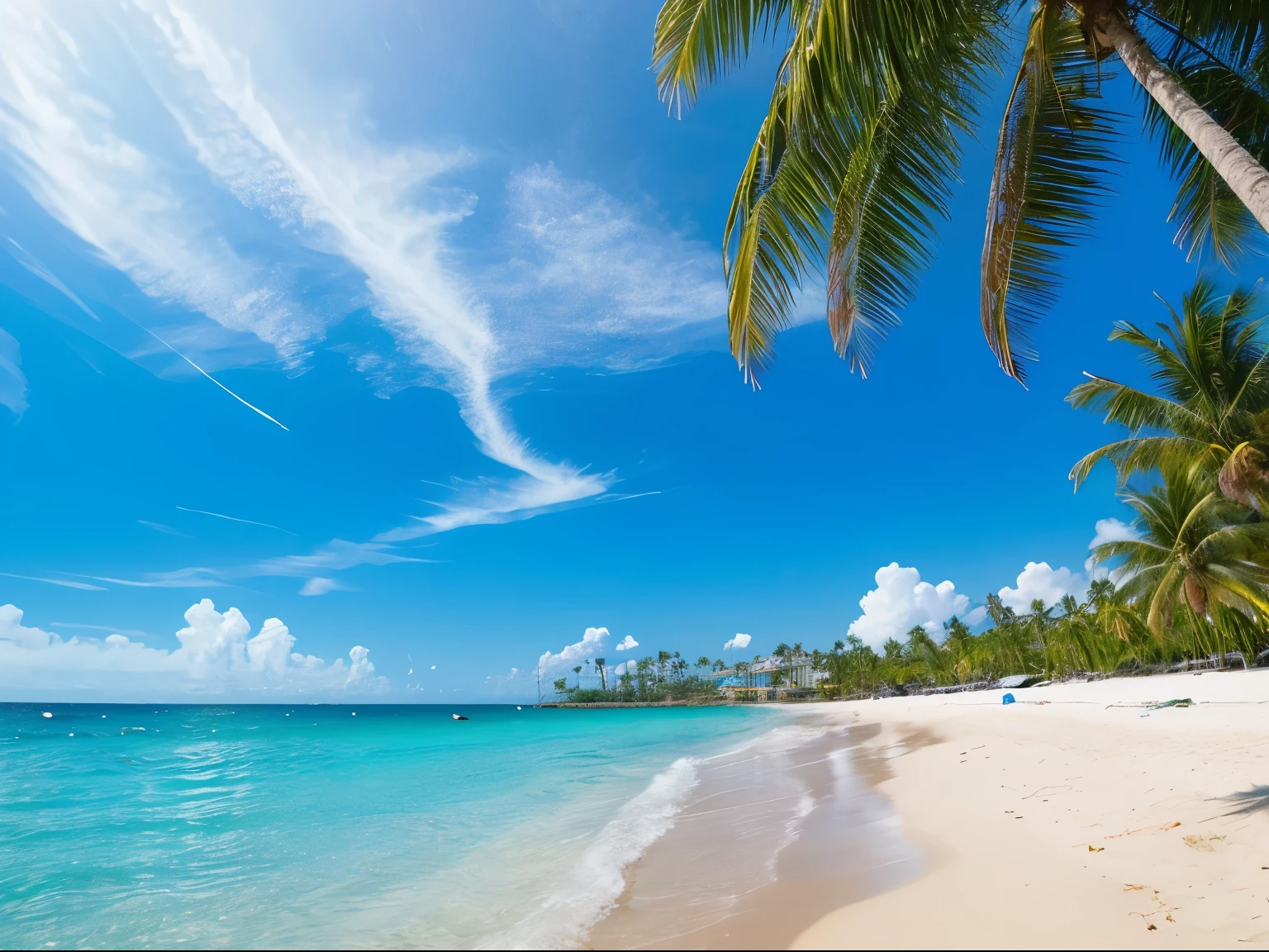 A mesmerizing blue sky spread out on the beach。the water is crystal clear、kiss the shore、The white sand beach continues forever。The scenes are action-packed and breathtaking.、Seagulls soar high into the sky、palm trees sway gently。Immerse yourself in the calm atmosphere、Surrounded by silence。