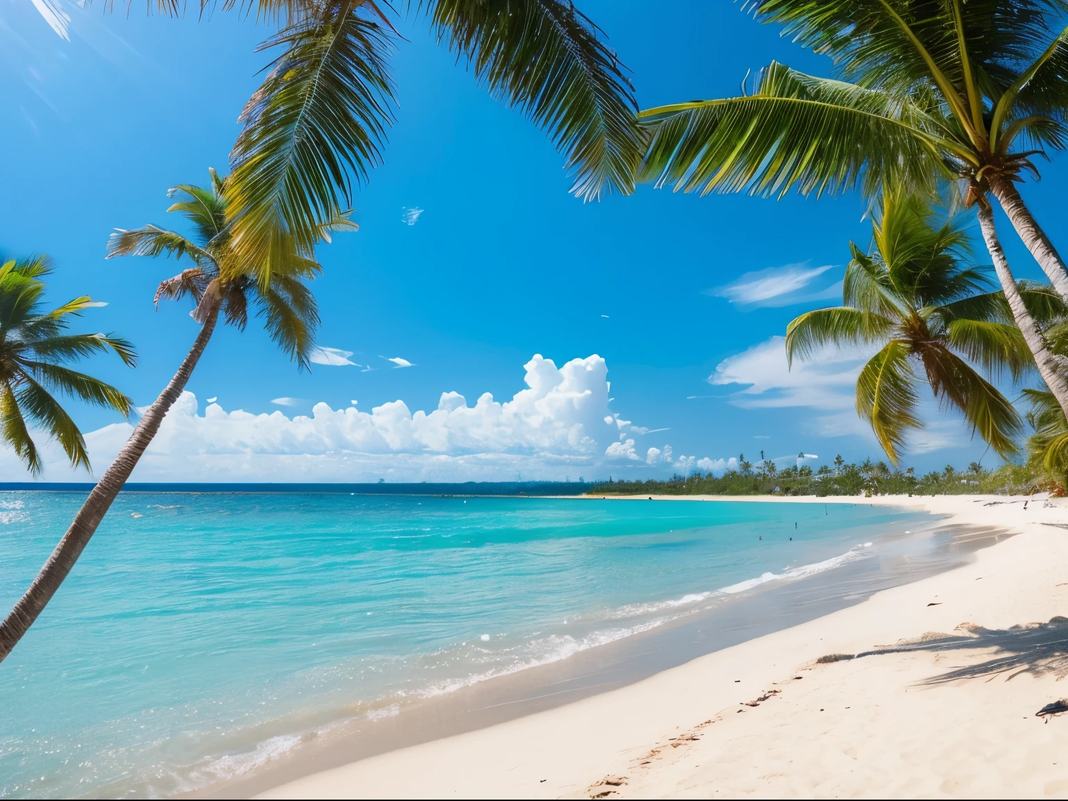 A mesmerizing blue sky spread out on the beach。the water is crystal clear、kiss the shore、The white sand beach continues forever。The scenes are action-packed and breathtaking.、Seagulls soar high into the sky、palm trees sway gently。Immerse yourself in the calm atmosphere、Surrounded by silence。