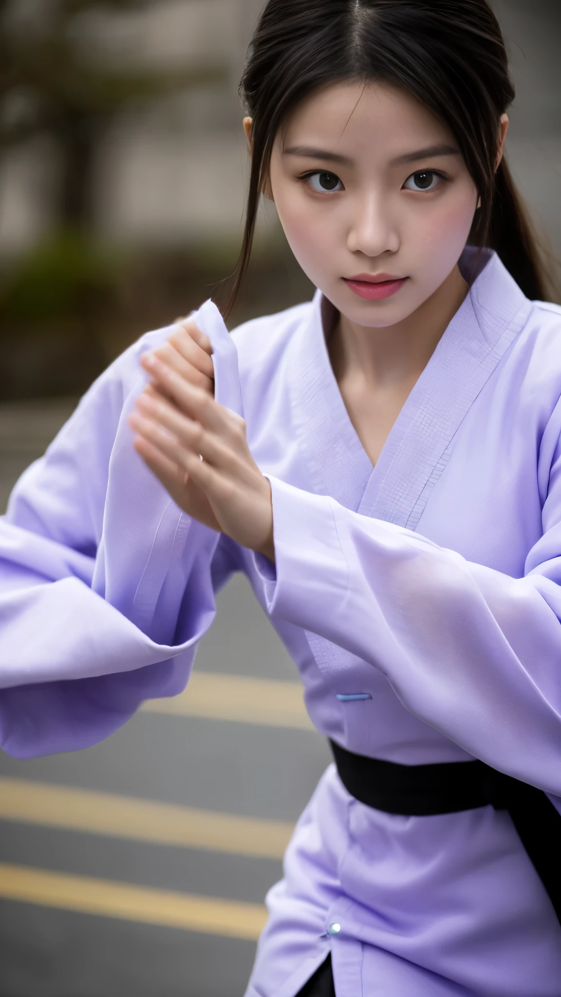 handsome chinese girl, clear eyes, clear facial features, wear Hanfu, fighting stance, Martial arts moves, A body wrapped in purple mist, Runes around, holographic reality, holographic halo, motion blur, game light effects, edge light, soft light, movie edge light, delicate light, masterpiece, Super detailed, magnificent composition, super hd, high quality, 最high quality, 32K