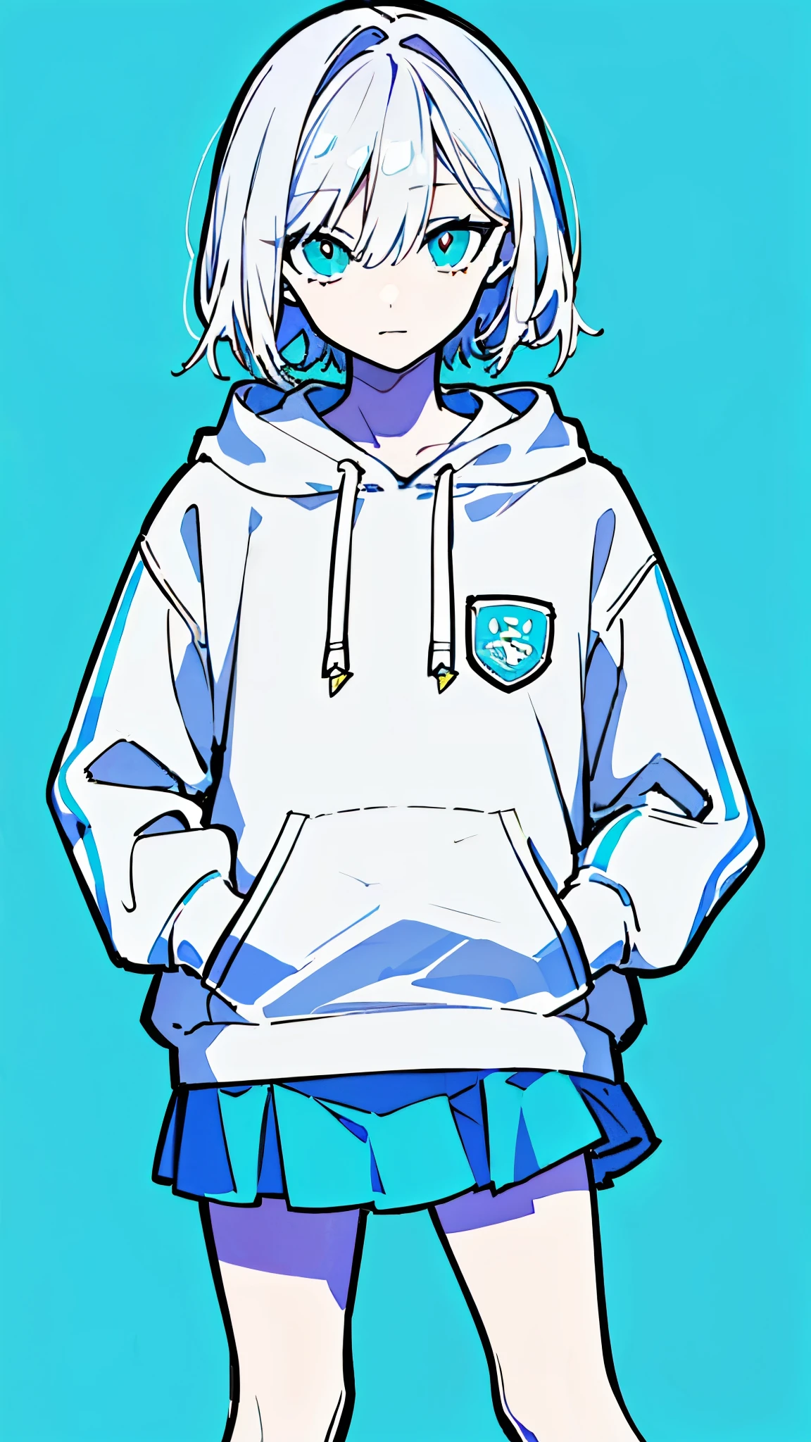(masterpiece, highest quality:1.6), alone, thick outline, (simple background, bright blue background, monochrome, bright blue theme:1.2), official art, Key Visual, 8k, confused, whole body, (unique hair, oversized hoodie, mini skirt, arch back, short torso, solo:1.2), belly button, thighs, cowboy shot, HDR, sharp focus, High resolution, most detailed, very detailed, Super detailed, finely, detailed eyes and face, sharp pupils, realistic student, alone, alone, put one&#39;s hand in one&#39;s pocket, contrast between light blue and white