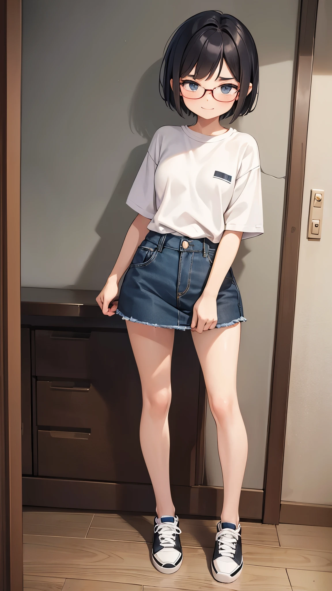 a young short girl, who had been made the class president due to her good grades, but wasn't sociable and couldn't bring the class together due to her timidity. and since she was too earnest, she couldn't abandon the duty that had been pushed onto her, and was always doing her best with a smile. short hair, wearing glasses, shirt slim legs, naked exposed undressed snall flat breasts, black hair, lowcut sneakers