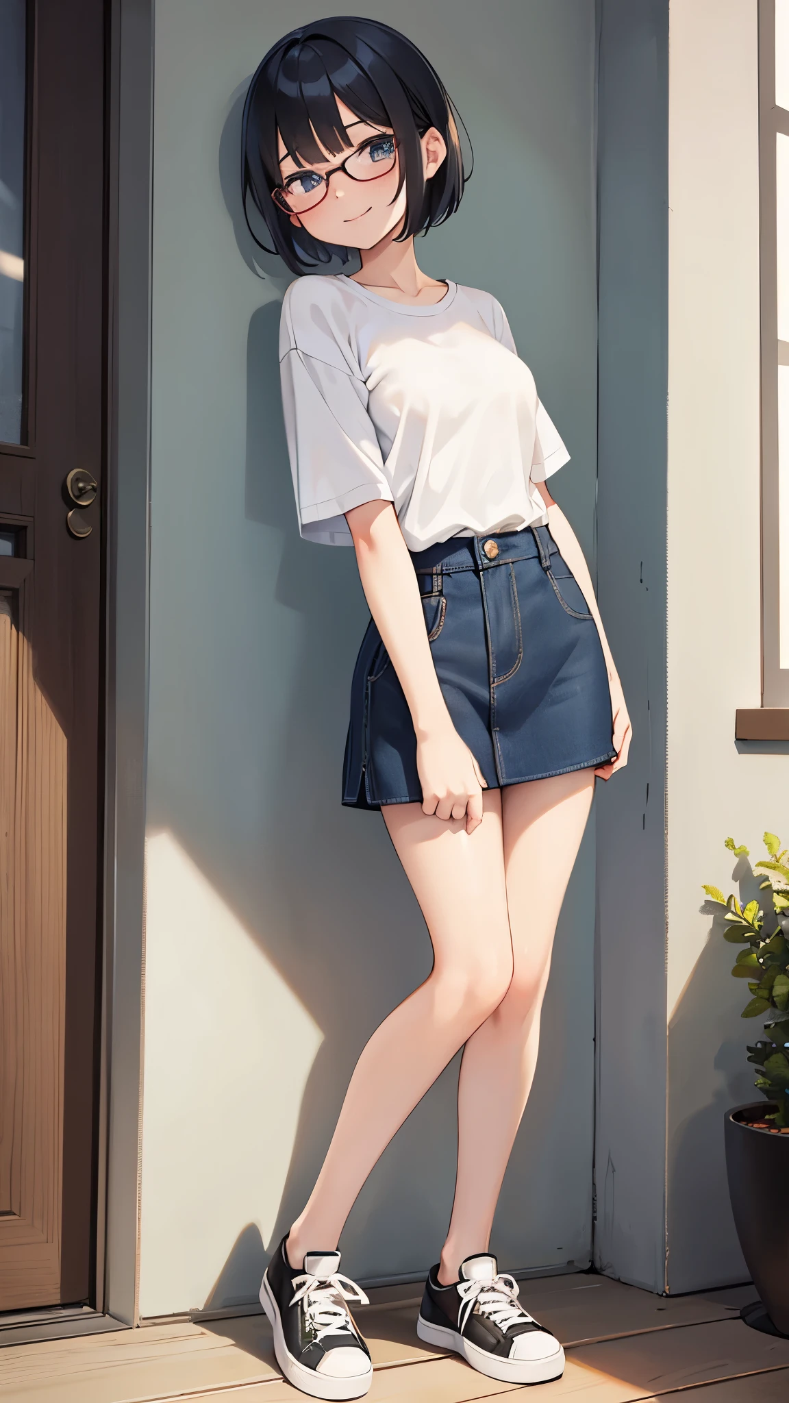 a young short girl, who had been made the class president due to her good grades, but wasn't sociable and couldn't bring the class together due to her timidity. and since she was too earnest, she couldn't abandon the duty that had been pushed onto her, and was always doing her best with a smile. short hair, wearing glasses, shirt slim legs, naked exposed undressed snall flat breasts, black hair, lowcut sneakers