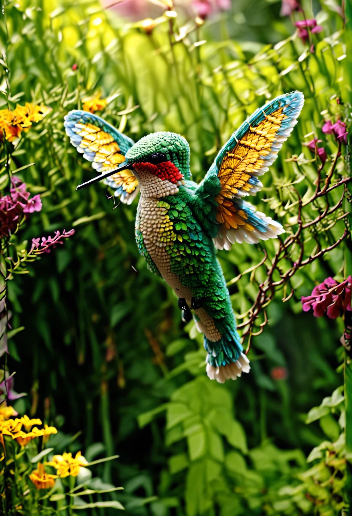 ((perfect hummingbird and butterflies in flight, beautiful iridescent colors, surrounded by exotic flowers in a beautiful and detailed garden, magical idyllic vibrant and beautiful colors:1.5)), (((Best quality))), (((ultra detailed CG ))), Ultra High Definition, 8k, Unreal Engine 5, Ultra Sharp Focus, Intricate Art Masterpiece, Majestic, Golden Ratio, Highly Detailed, Vibrant, Production Cinematic Character Rendering, Ultra High Quality Model, 32k