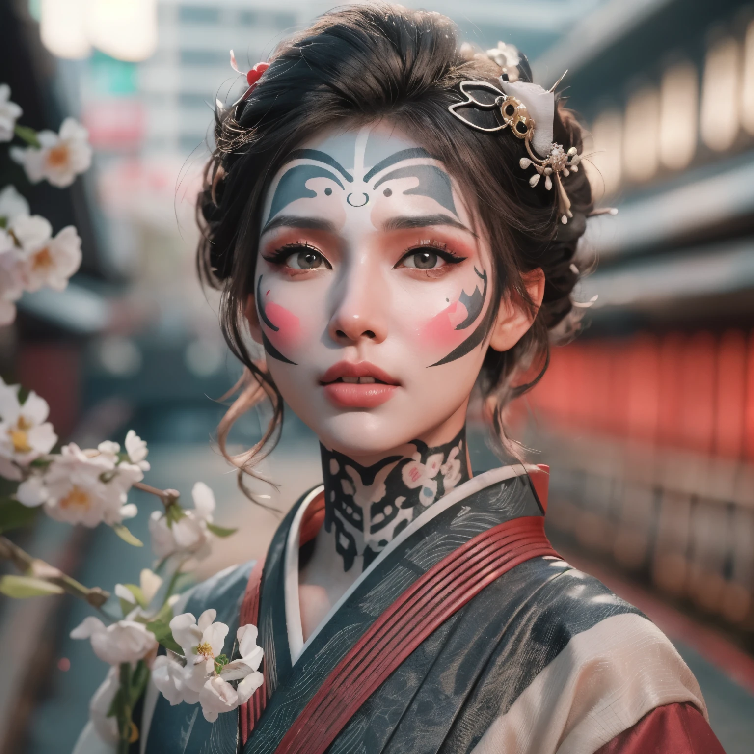 Arafe woman with white face and black and white face paint, japonism 3d 8k super detailed, cyberpunk geisha, very beautiful cyberpunk samurai, 3d rendering character art 8k, beauty geisha, Smooth and shiny skin, beautiful digital artwork, geisha, Trending in Art Station 4K, Daz 3D, Daz 3D