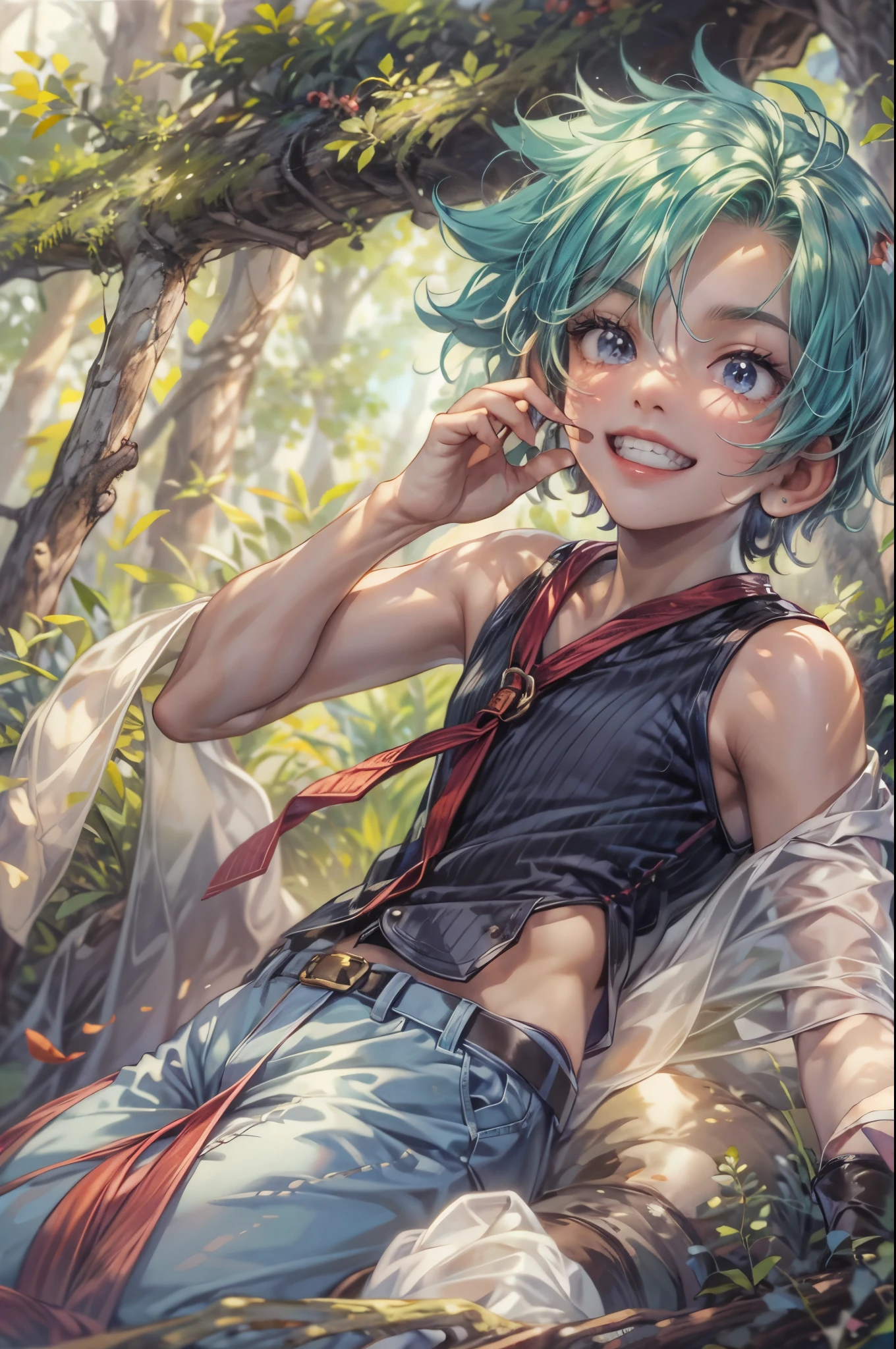 ((Best quality)), ((masterpiece)), (detailed), ((perfect face)), ((halfbody)) handsome face, male, boy, perfect proportions , a character from anime fairy tail, male version , hiro mashima art, detailed ghibli forest background, detailed ghibli scenery background