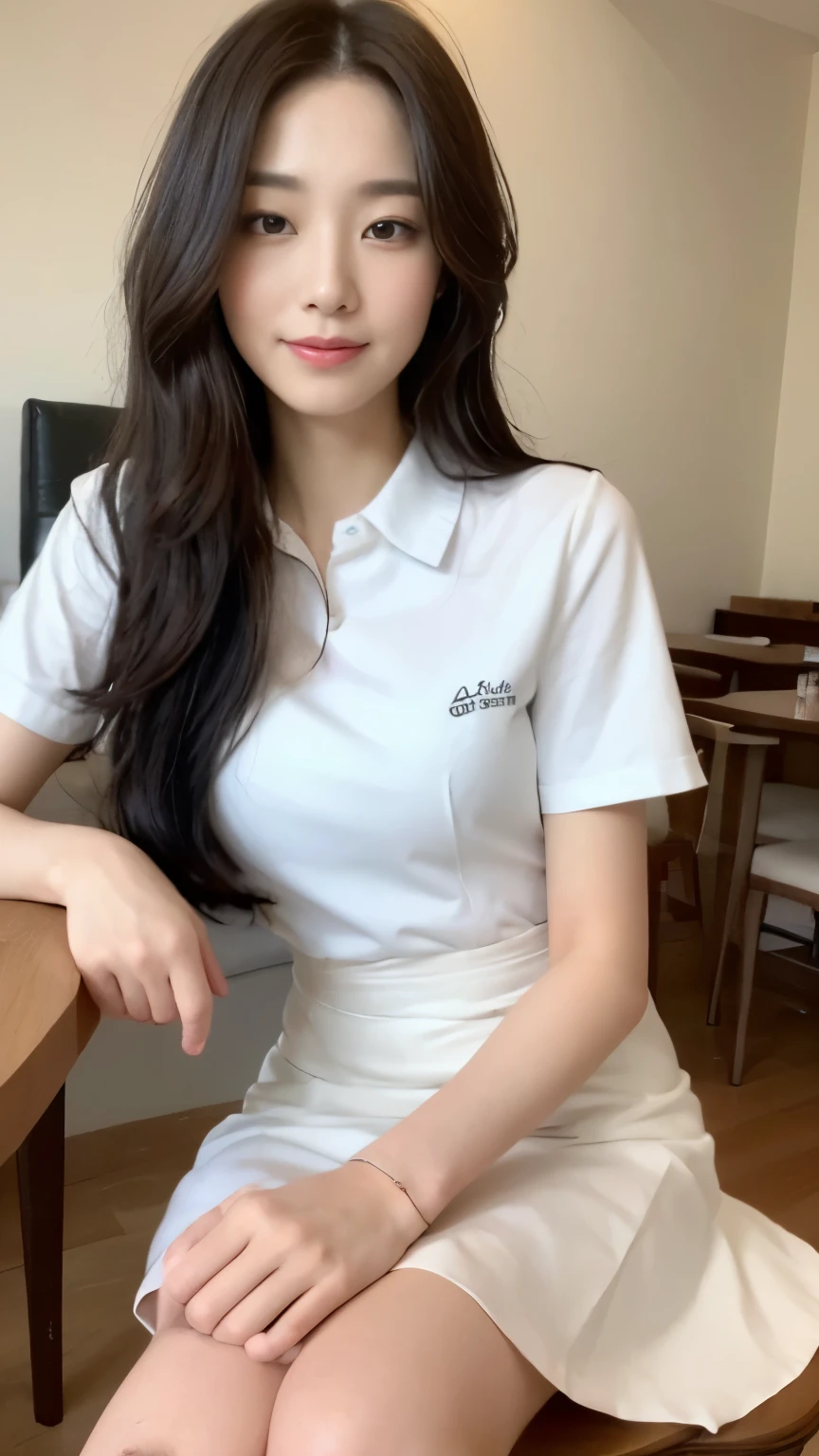 ((top-quality、8k、masterpiece:1.3))、Beautiful woman with perfect body:1.4、slim abdomen:1.2、Longhair, normal breast, Highly detailed facial and skin texture, A detailed eye, delicate eyes, double eyelid, (smile), (full body shot), ((cafe 1.2)), (sitting on chair), ((wearing white uniform)), looking in front