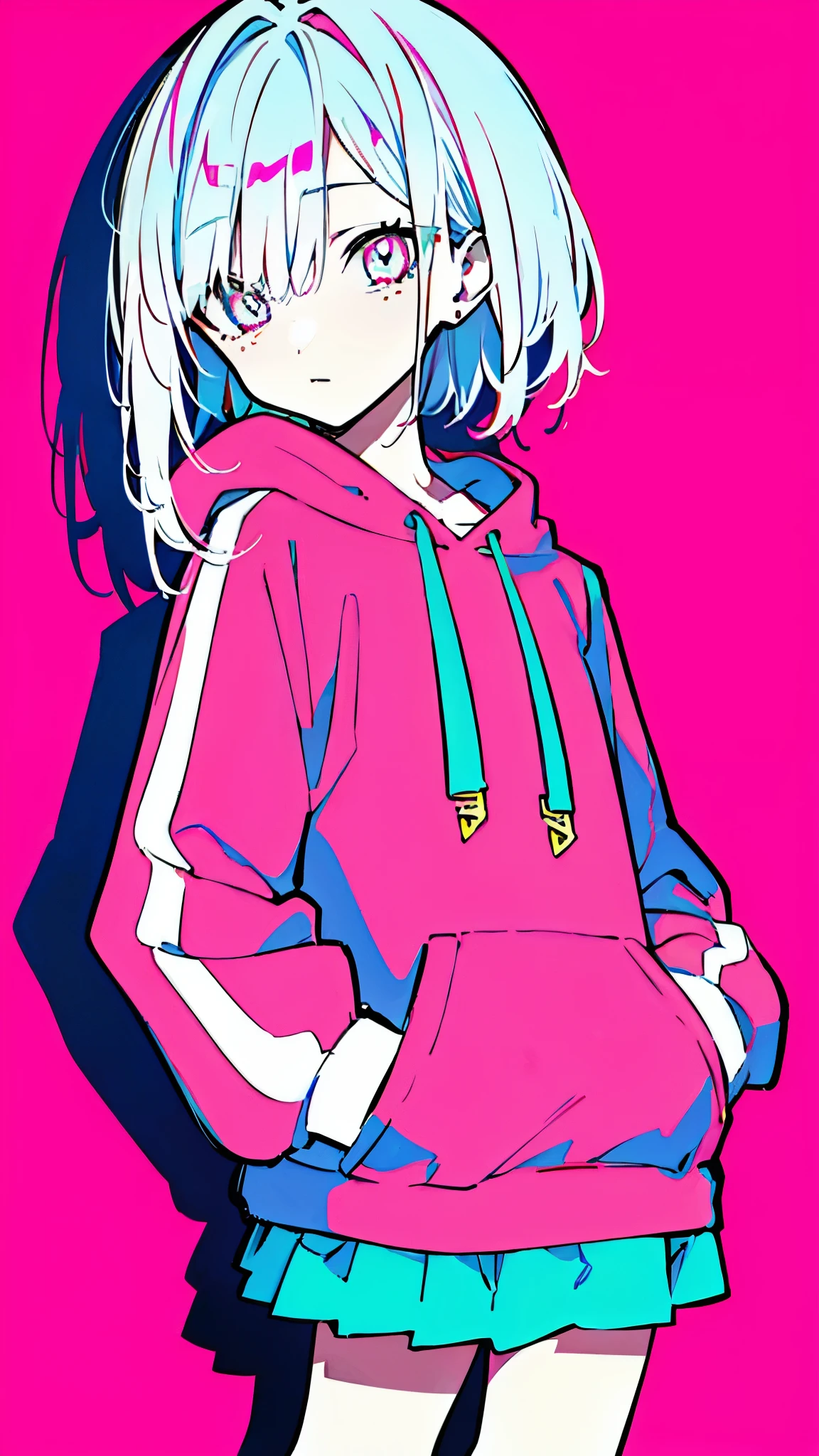 (masterpiece, highest quality:1.6), alone, thick outline, (simple background, Bright pink background, monochrome, bright pink theme:1.2), official art, Key Visual, 8k, confused, whole body, (unique hair, oversized hoodie, mini skirt, arch back, short torso, solo:1.2), belly button, thighs, cowboy shot, HDR, sharp focus, High resolution, most detailed, very detailed, Super detailed, finely, detailed eyes and face, sharp pupils, realistic student, alone, alone, put one's hand in one's pocket, contrast between pink and light blue