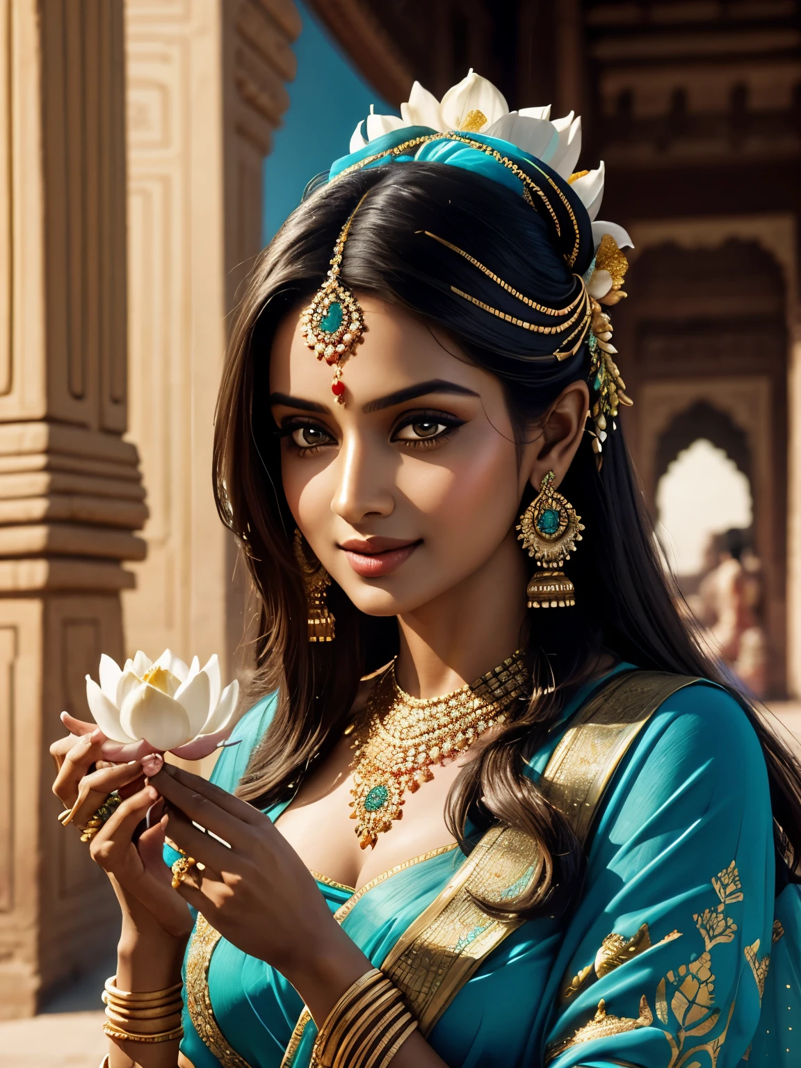 hyper-realistic, close up portrait, statuesque Indian princess, legendary bollywood actress, holding a lotus flower inside a palace. Wearing a turquoise sari adorned with golden threads and traditional jewelry, the Princess smiles beautifully. The palace, painted white, blurred.