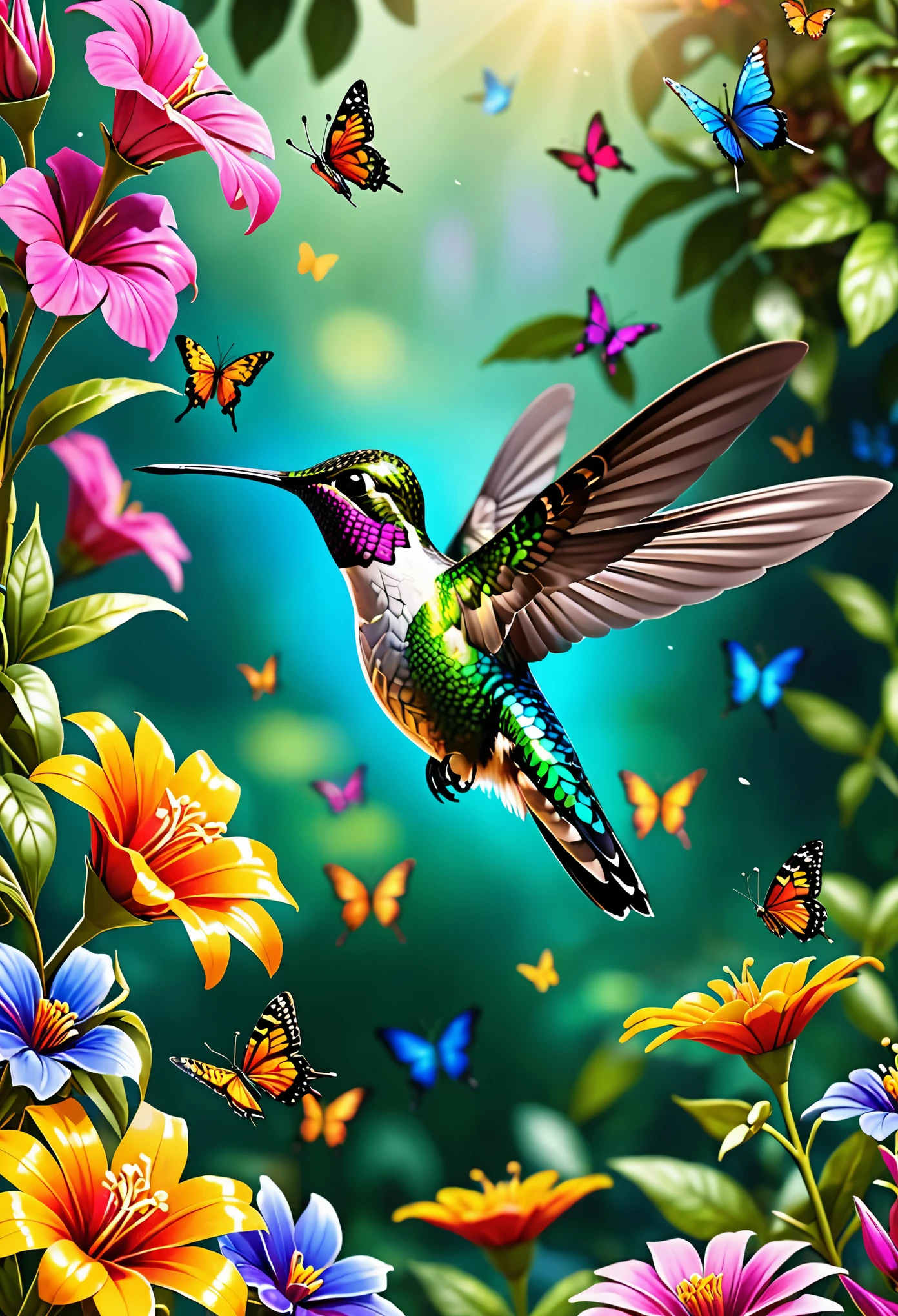 ((perfect hummingbird and butterflies in flight, beautiful iridescent colors, surrounded by exotic flowers in a beautiful and detailed garden, magical idyllic vibrant and beautiful colors:1.5)), (((Best quality))), (((ultra detailed CG ))), Ultra High Definition, 8k, Unreal Engine 5, Ultra Sharp Focus, Intricate Art Masterpiece, Majestic, Golden Ratio, Highly Detailed, Vibrant, Production Cinematic Character Rendering, Ultra High Quality Model, 32k