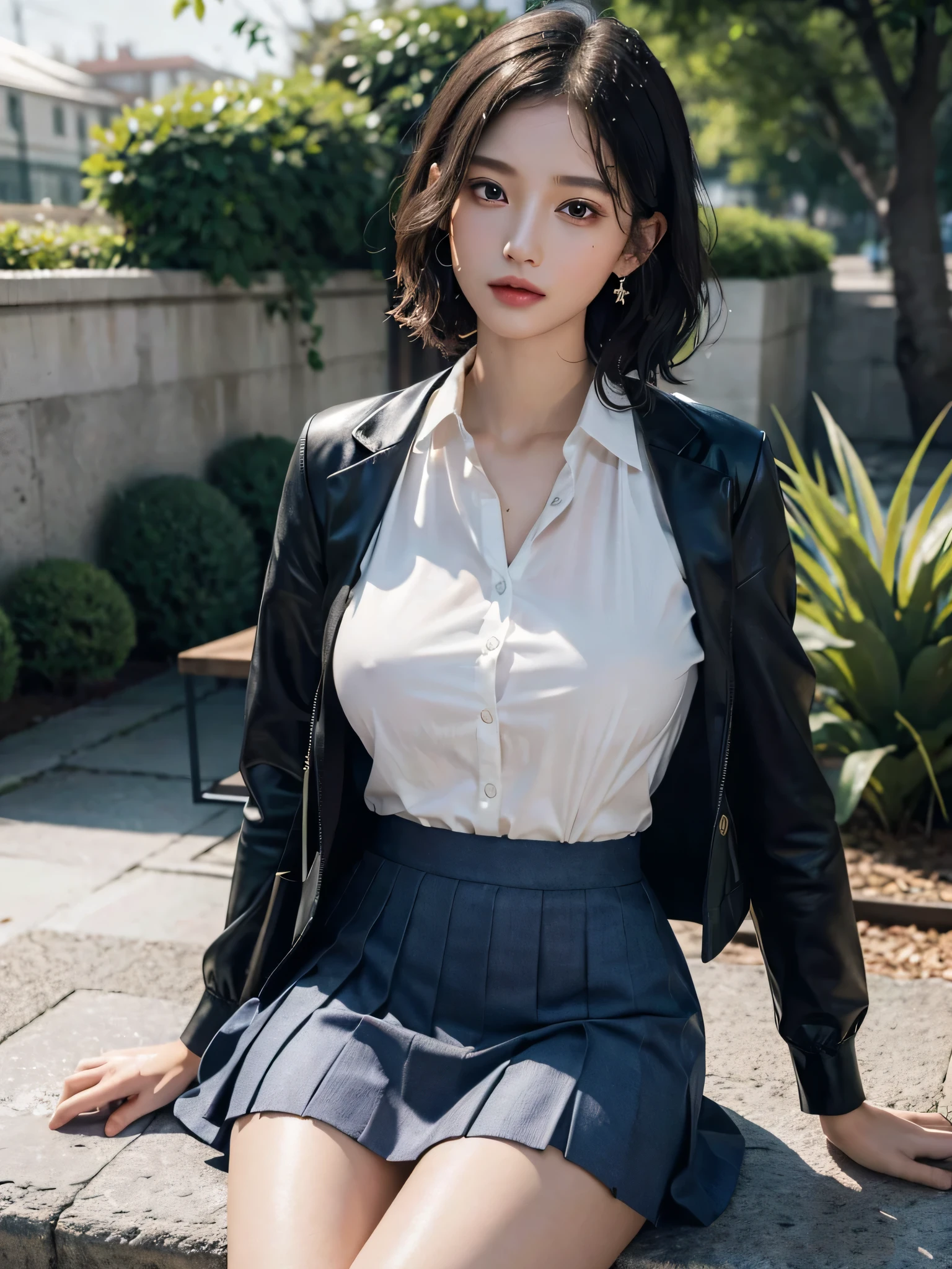 disorganized, RAW photo, very delicate and beautiful, masterpiece, highest quality, ultra high resolution, 32K, surreal, super detailed, perfect anatomy, perfect figure, super dense skin, Highly detailed CG 8k wallpaper, 20's, very slim body, tight waist, very small head, very small face, delicate facial features, tearful mole, earrings, thin legs, (very huge round breasts:1.2), full body shot, 1 girl, short hair, wavy hair, (school uniform:1.2), (wet clothes:1.1),