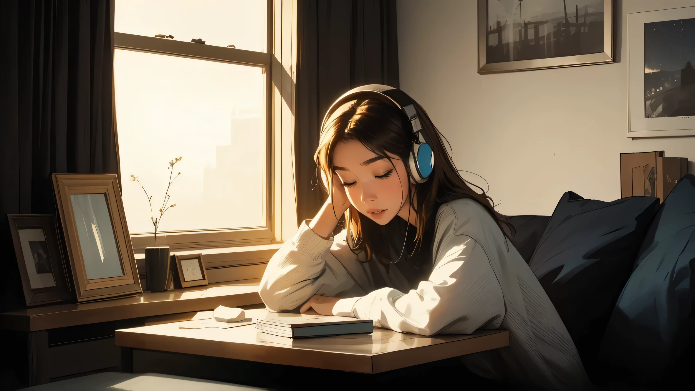 reading room, Sit by the window, wearing headphones, Close your eyes and take a pose, With both arms down, Dark interior, head stuck to glass, beautiful starry night sky, Beautiful girl, vivid colors, soft focus, light leak, dreamy atmosphere, experimental charm, Nostalgic charm BREAK color field painting, various colors, abstract expressionism, Bold colors, emotional impact, atmospheric depth, MINIMALIST APPROACH BREAK,  Pretty Woman, UHD (ultra detail) Looking at viewers wearing hip-hop style streetwear, different, fancy, long, 염색이 많이 된 은색 long머리 🌈, dark clothes, White stardust in dark areas, absurd, high resolution, very detailed, (1 woman : 1.3), vivid colors, soft focus, light leak, dreamy atmosphere,