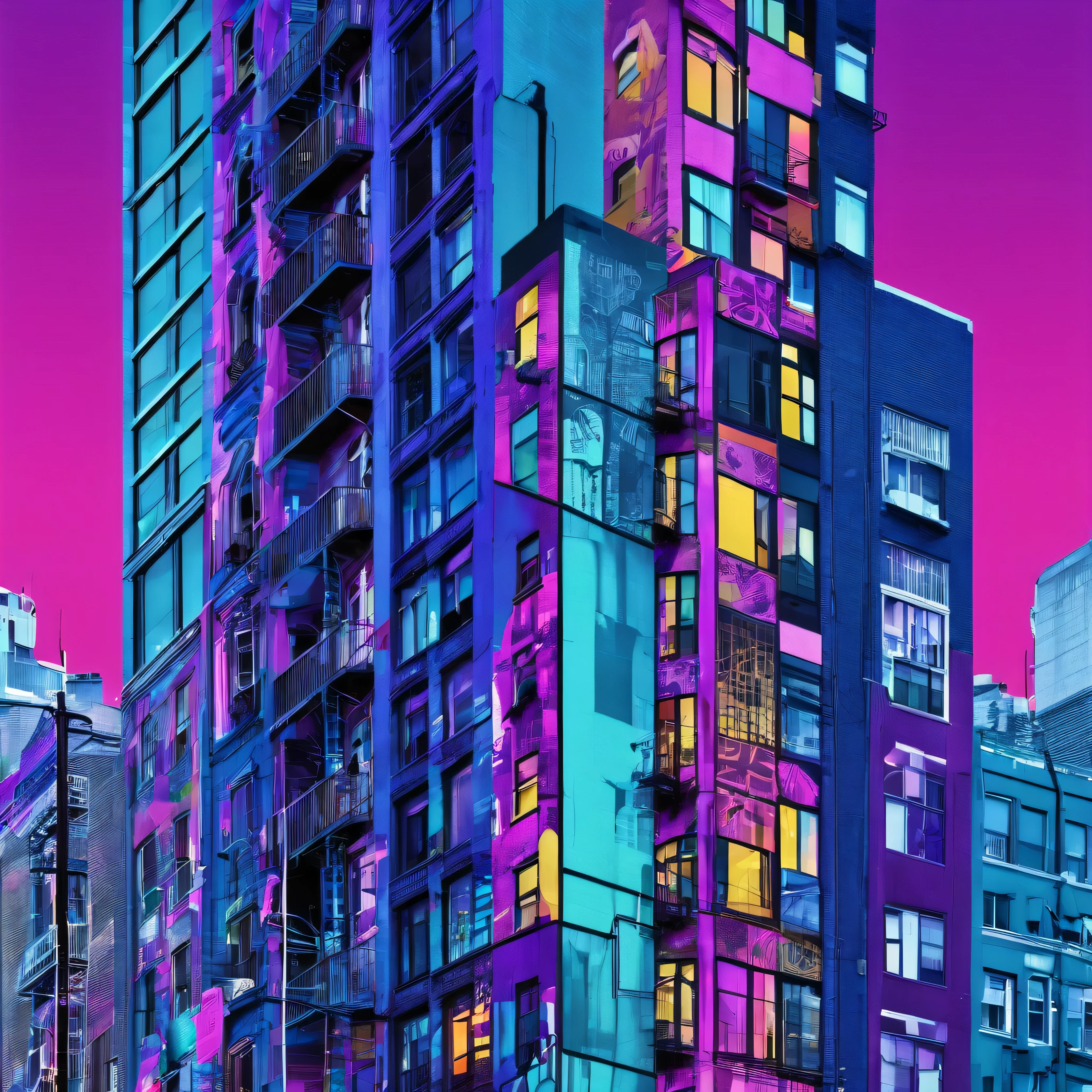 create a collage, wallpaper pattern, about urban exploration, blending modern architectural elements with the vibrant life of the city streets, high-rise buildings, graffiti art, and bustling street scenes, all unified by a color scheme that reflects the city at twilight, deep blues, purples, and hints of neon light, this wallpaper should evoke the energy and rhythm of city life, making it perfect for individuals who love the urban landscape