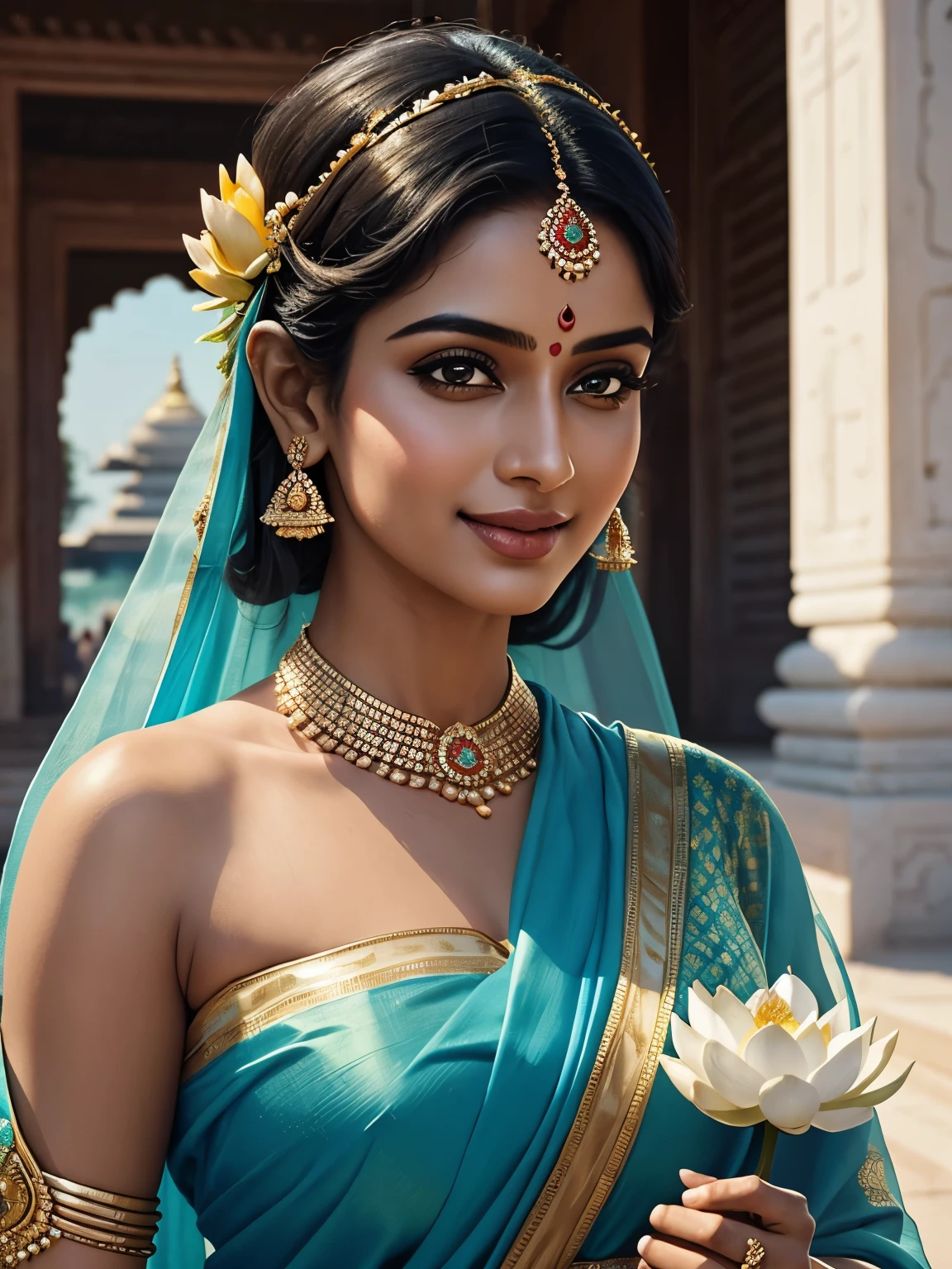 hyper-realistic, close up portrait, statuesque Indian princess, legendary bollywood actress, holding a lotus flower inside a palace. Wearing a turquoise sari adorned with golden threads and traditional jewelry, the Princess smiles beautifully. The palace, painted white, blurred.