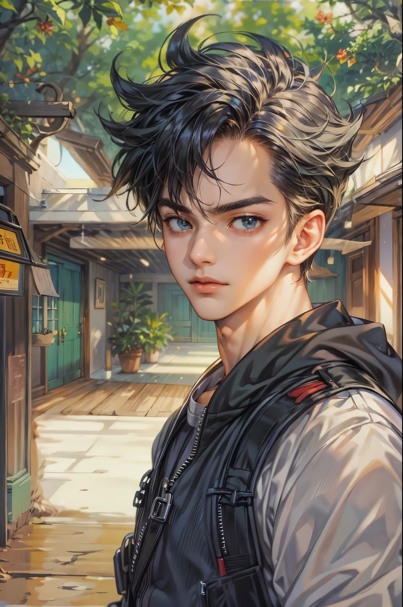 ((Best quality)), ((masterpiece)), (detailed), ((perfect face)), ((halfbody)) handsome face, male, teen boy,  perfect proportions , a character from anime Dragon ball Z, akira toriyama art style, short hair, male version , detailed ghibli interior scenery background 