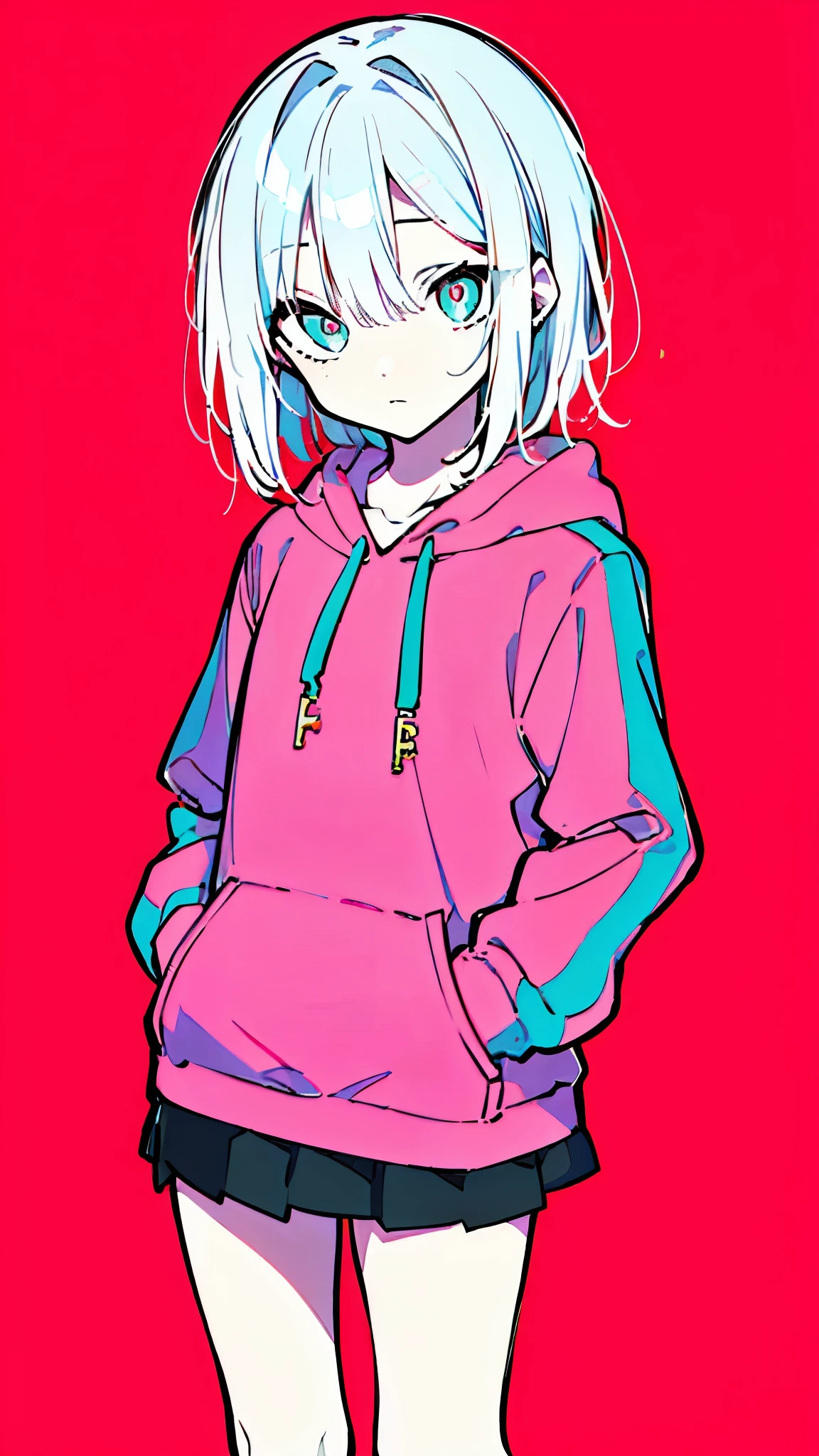 (masterpiece, highest quality:1.6), alone, thick outline, (simple background, Bright pink background, monochrome, bright pink theme:1.2), official art, Key Visual, 8k, confused, whole body, (unique hair, oversized hoodie, mini skirt, arch back, short torso, solo:1.2), belly button, thighs, cowboy shot, HDR, sharp focus, High resolution, most detailed, very detailed, Super detailed, finely, detailed eyes and face, sharp pupils, realistic student, alone, alone, put one&#39;s hand in one&#39;s pocket, contrast between pink and light blue