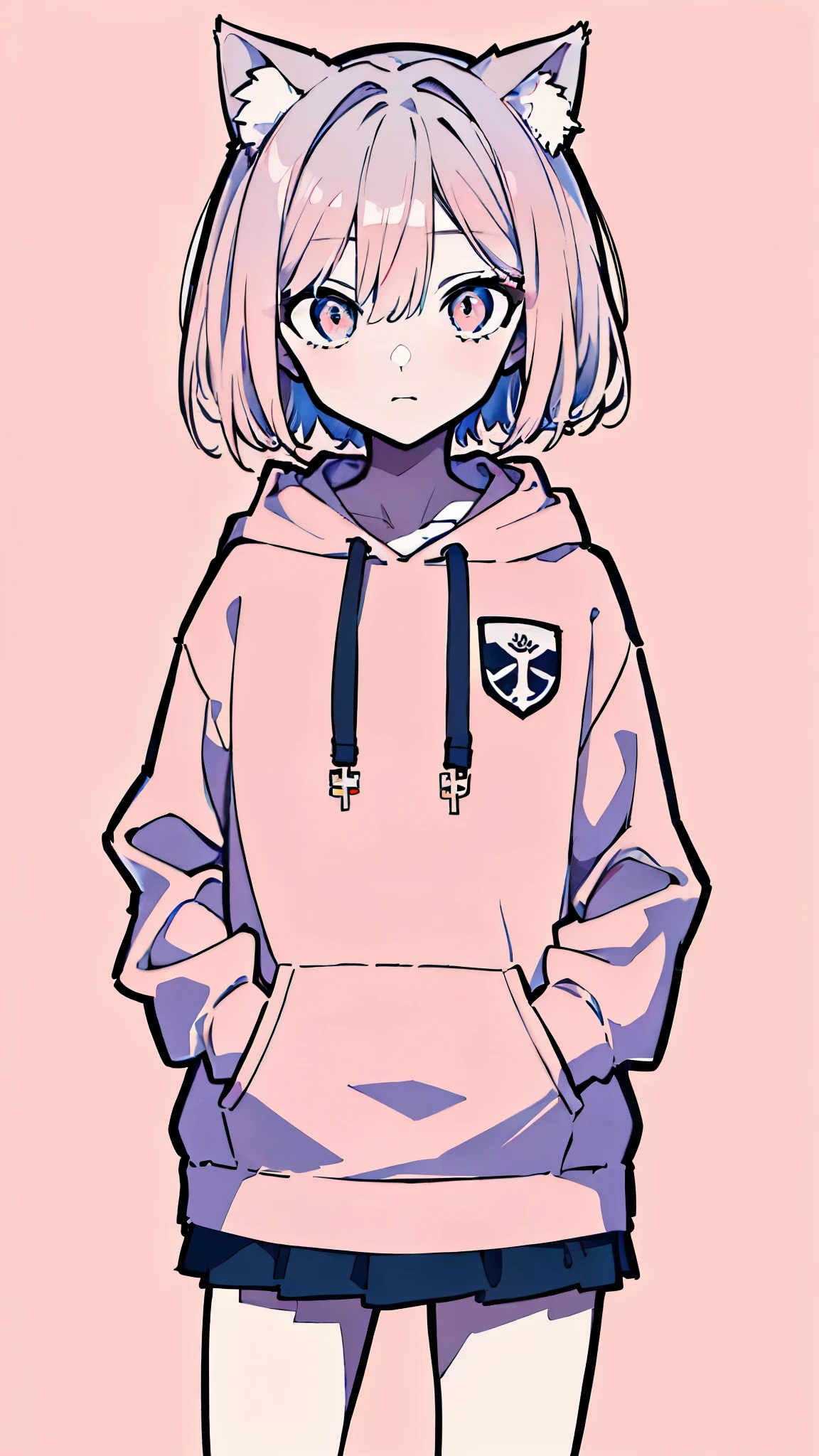 (masterpiece, highest quality:1.6), alone, thick outline, (simple background, light pink background, monochrome, light pink theme:1.2), official art, Key Visual, 8k, confused, whole body, (unique hair, oversized hoodie, mini skirt, Cat ear, short torso:1.2), belly on, thighs, cowboy shot, HDR, sharp focus, High resolution, most detailed, very detailed, Super detailed, finely, detailed eyes and face, sharp pupils, realistic student, alone, Contrast of pink, gray and white, alone, put one's hand in one's pocket