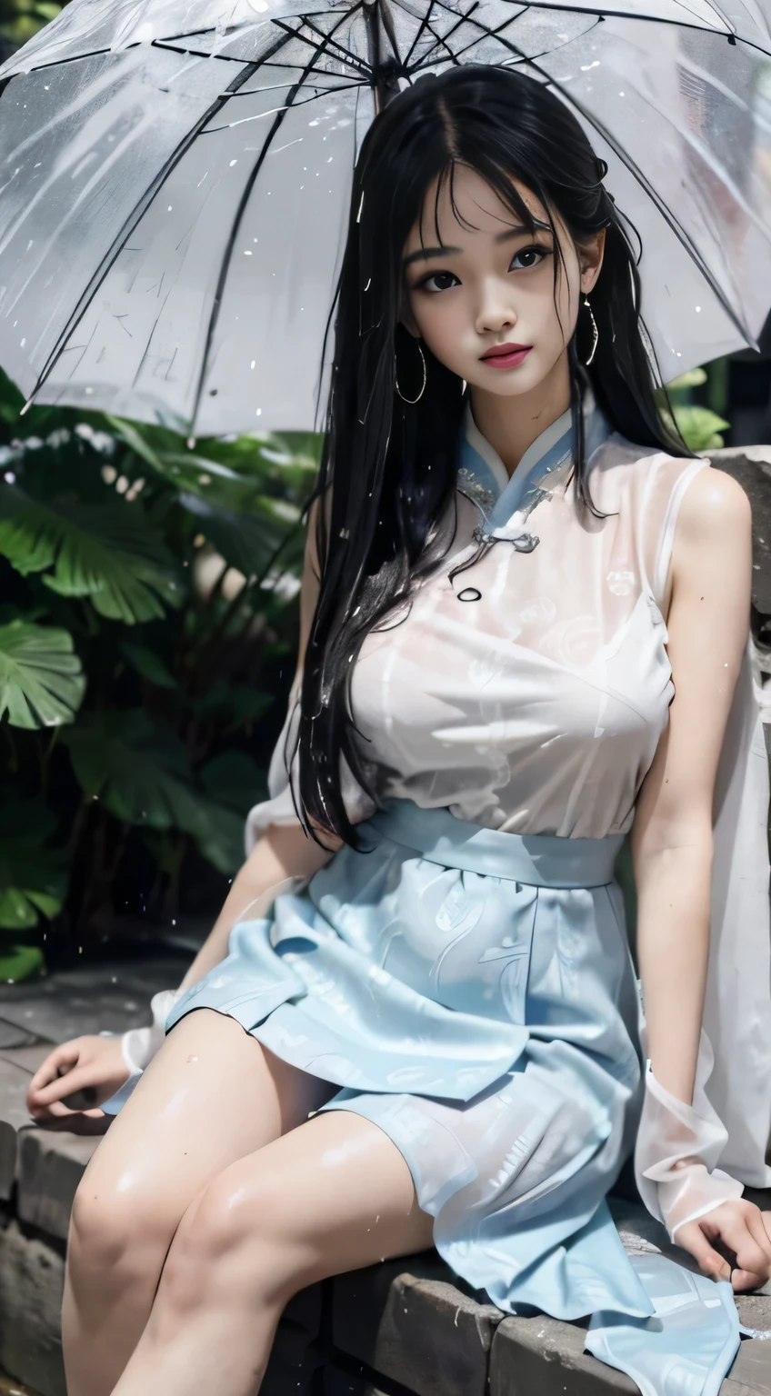 Master quality, highest quality, best picture quality hd 8k, exaggerated details, a godeess 8 year old dress moxin with a shy expression, slightly squinted eyes, adjusting her hair, long eyelashes (long hair / very, very exaggerated big breasts _ tits / in hanfu chinese thin silk qipao very wet body, thin cloth embossed pattern, short skirt), posing sit in front of the camera, wet throught rain, very wet body, thin cloth embossed pattern), posing sit in front of the camera, wet throught rain, wet silk lace under wear throught skin, thin cloth embossed pattern detaild lace